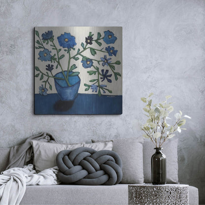 Luxe Metal Art 'Vase of Blue Flowers' by Holly Wojhan, Metal Wall Art,36x36