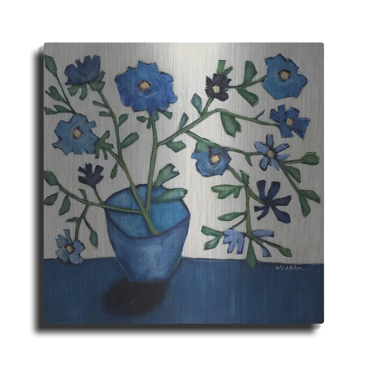 Luxe Metal Art 'Vase of Blue Flowers' by Holly Wojhan, Metal Wall Art