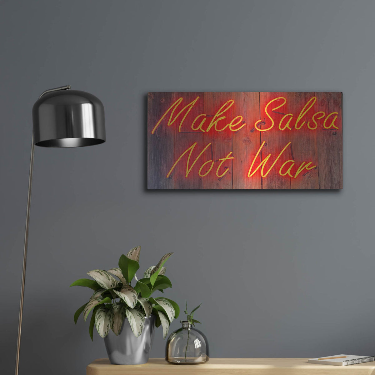 Luxe Metal Art 'Make Salsa Not War In Neon Rd' by Luxe Portfolio, Metal Wall Art,24x12