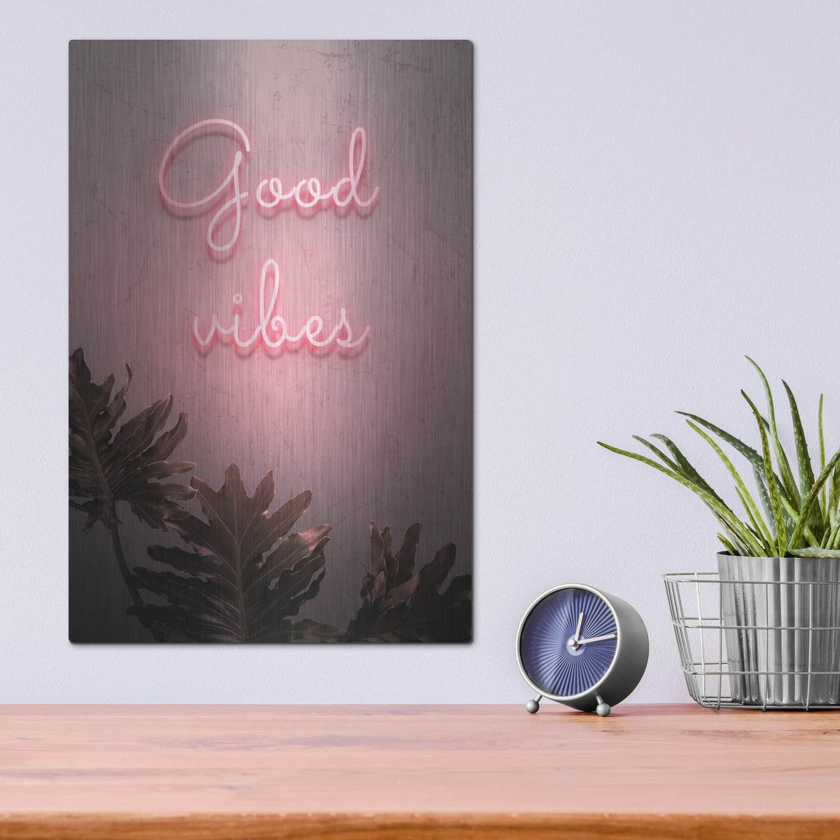 'Good Vibes In Neon Pink' by Luxe Metal Portfolio – Metal Wall Art, 12x16 room view