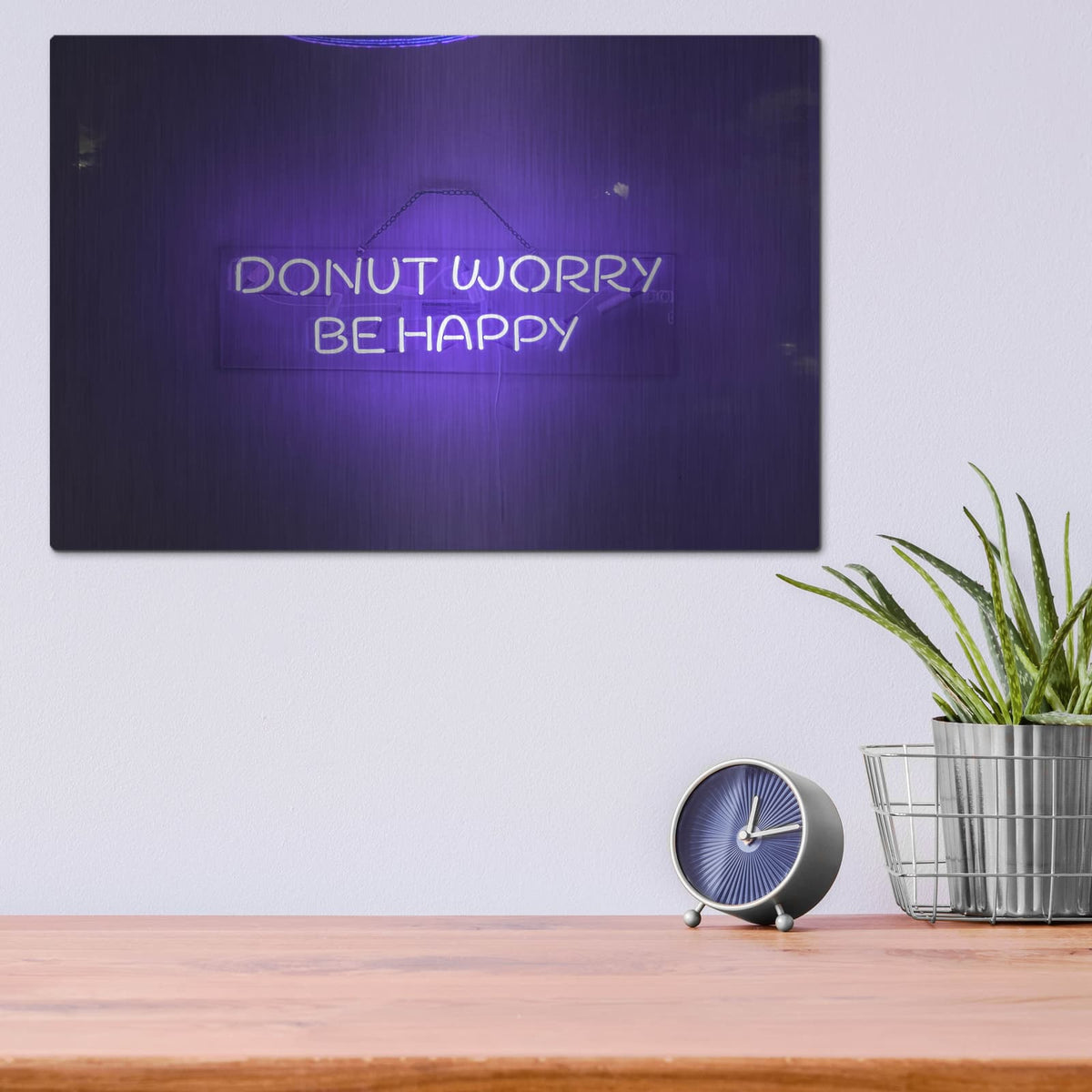 'Donut Worry Be Happy In Neon Purple' by Luxe Metal Portfolio – Metal Wall Art, 16x12 room view