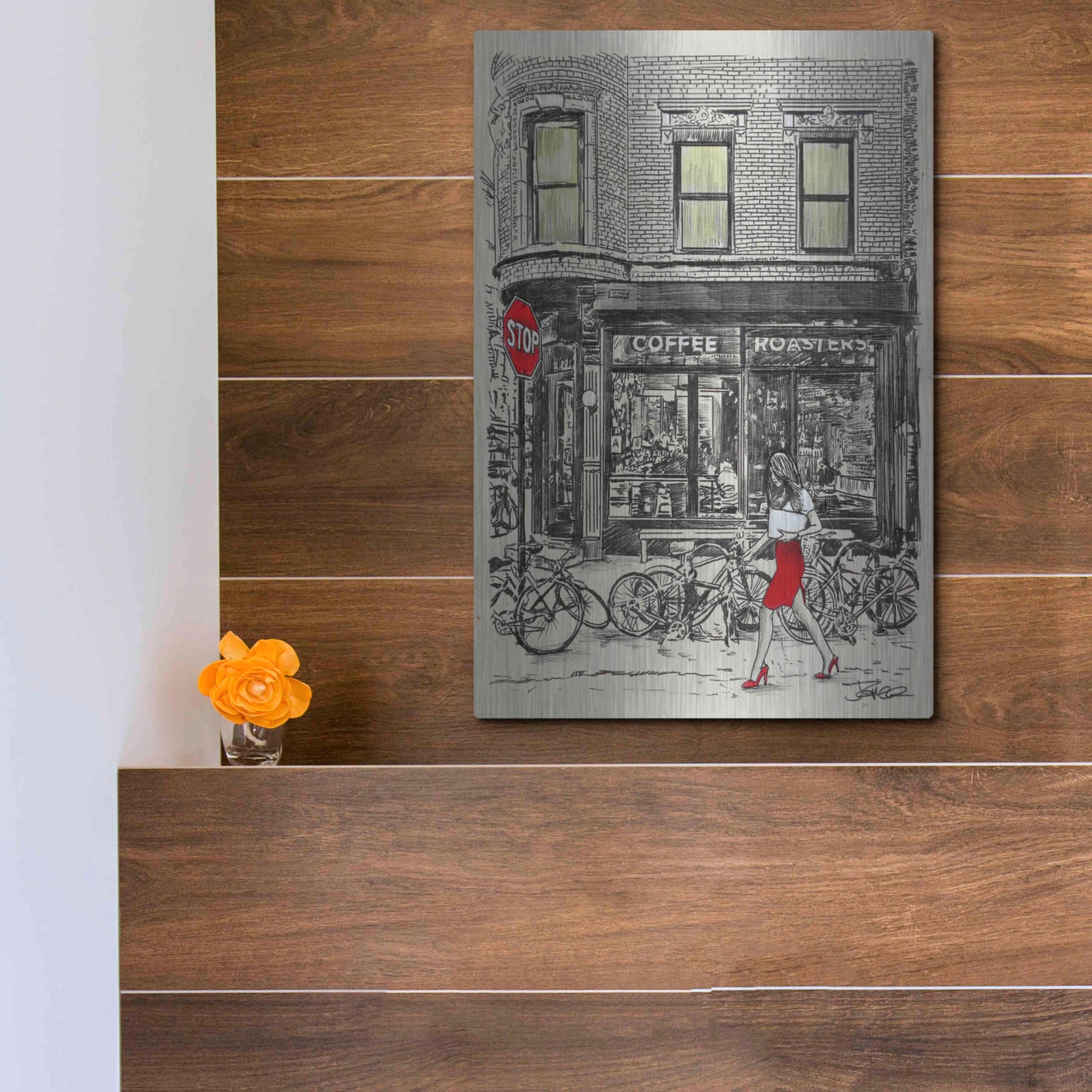 Luxe Metal Art 'The Coffee Roasters Place' by Loui Jover, Metal Wall Art,12x16