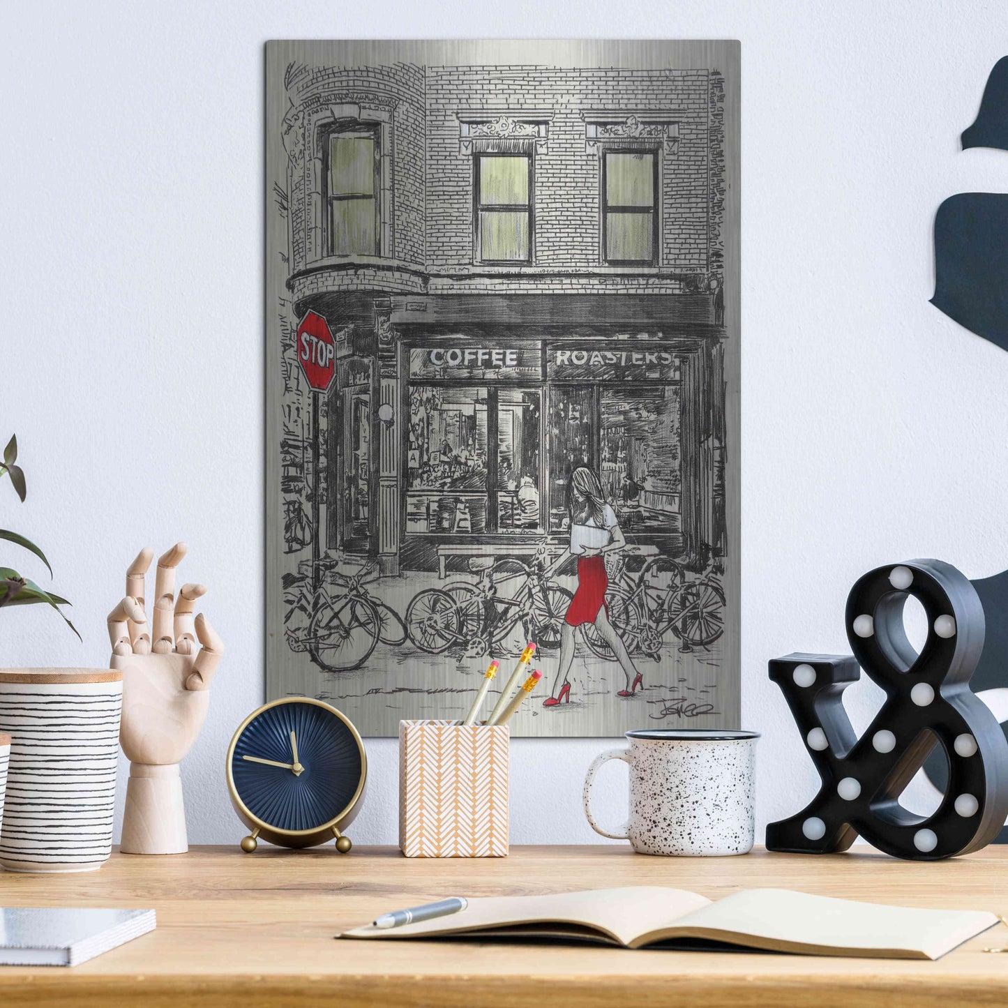 Luxe Metal Art 'The Coffee Roasters Place' by Loui Jover, Metal Wall Art,12x16