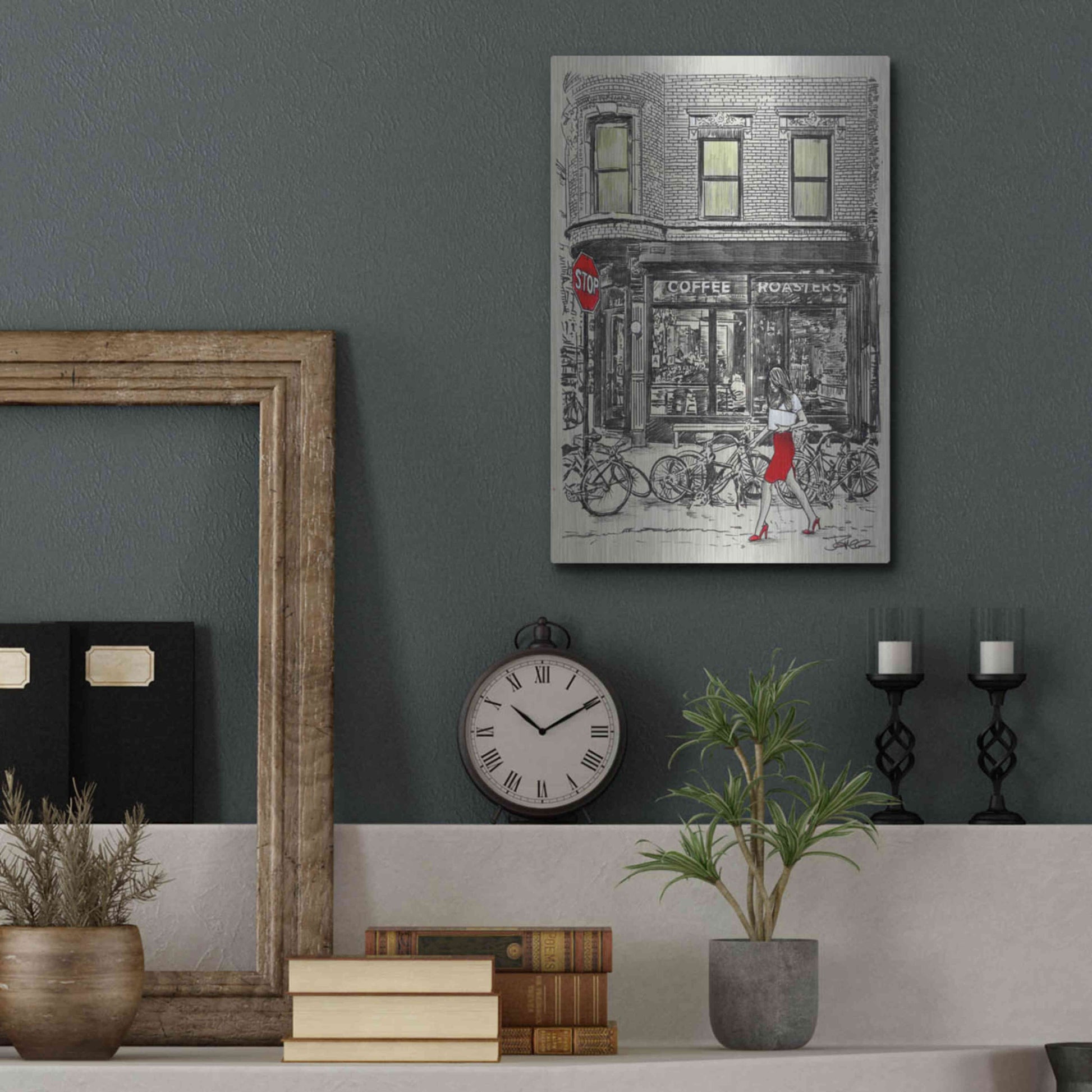 Luxe Metal Art 'The Coffee Roasters Place' by Loui Jover, Metal Wall Art,12x16