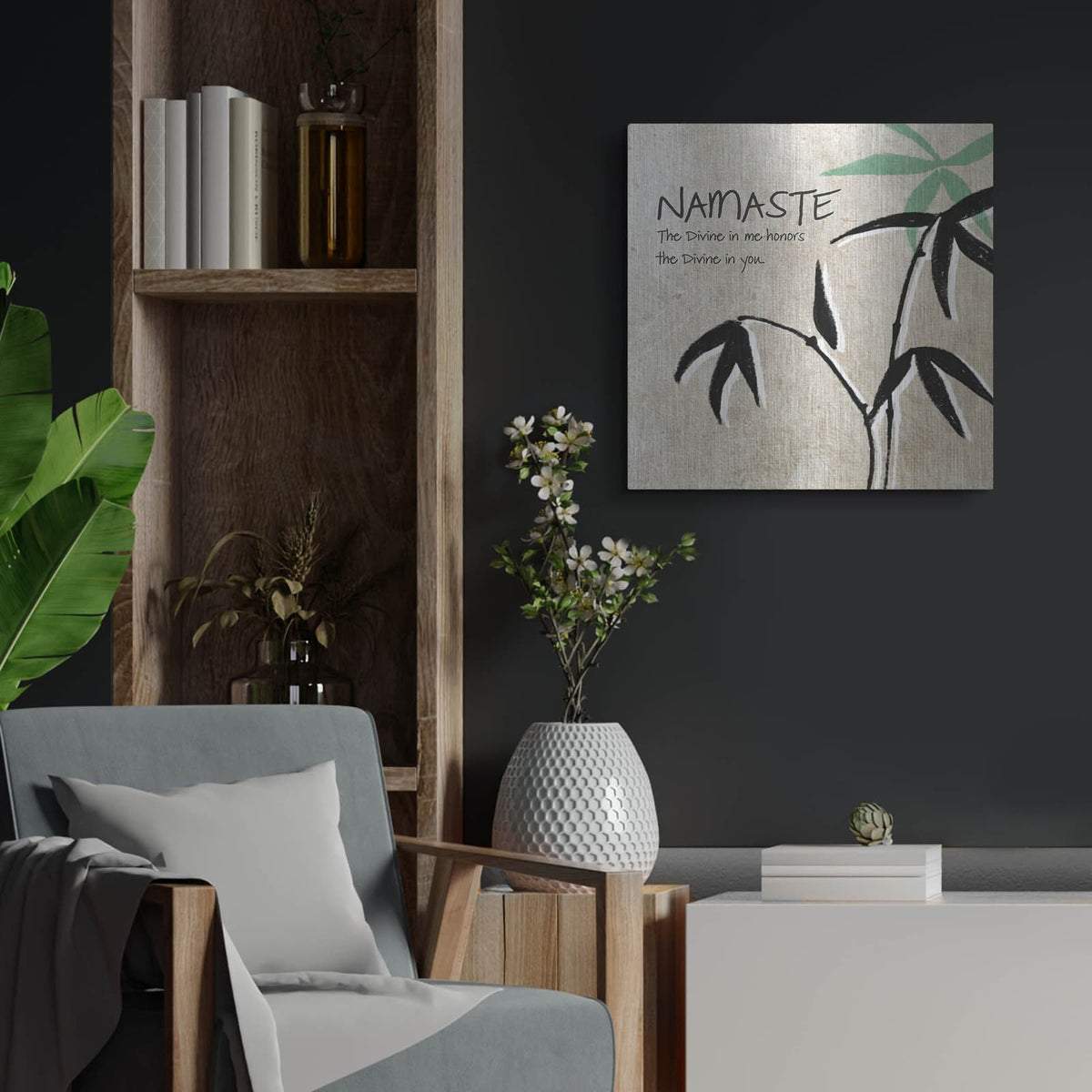 'Namaste' by Linda Woods – Metal Wall Art, 24x24 room view