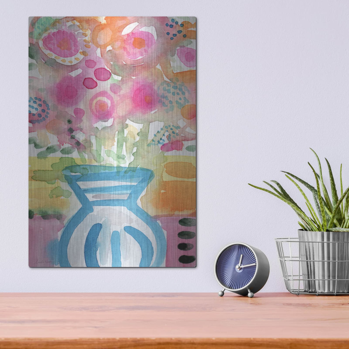 'Blue Vase Of Flowers' by Linda Woods – Metal Wall Art, 12x16 room view