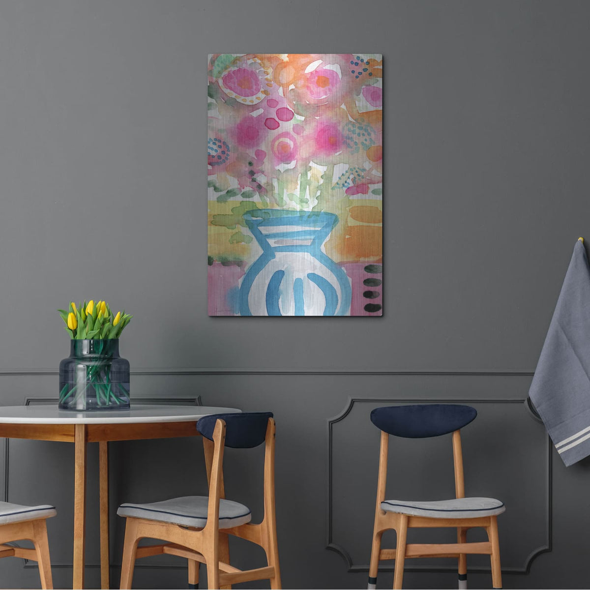 'Blue Vase Of Flowers' by Linda Woods – Metal Wall Art, 24x36 room view