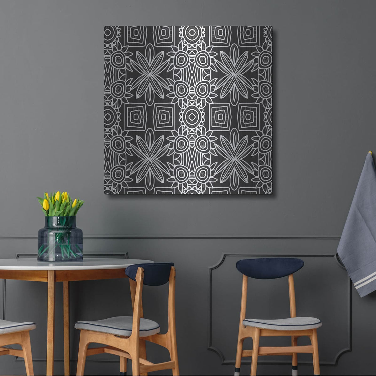 'Black And White Boho Floral' by Linda Woods – Metal Wall Art, 36x36 room view