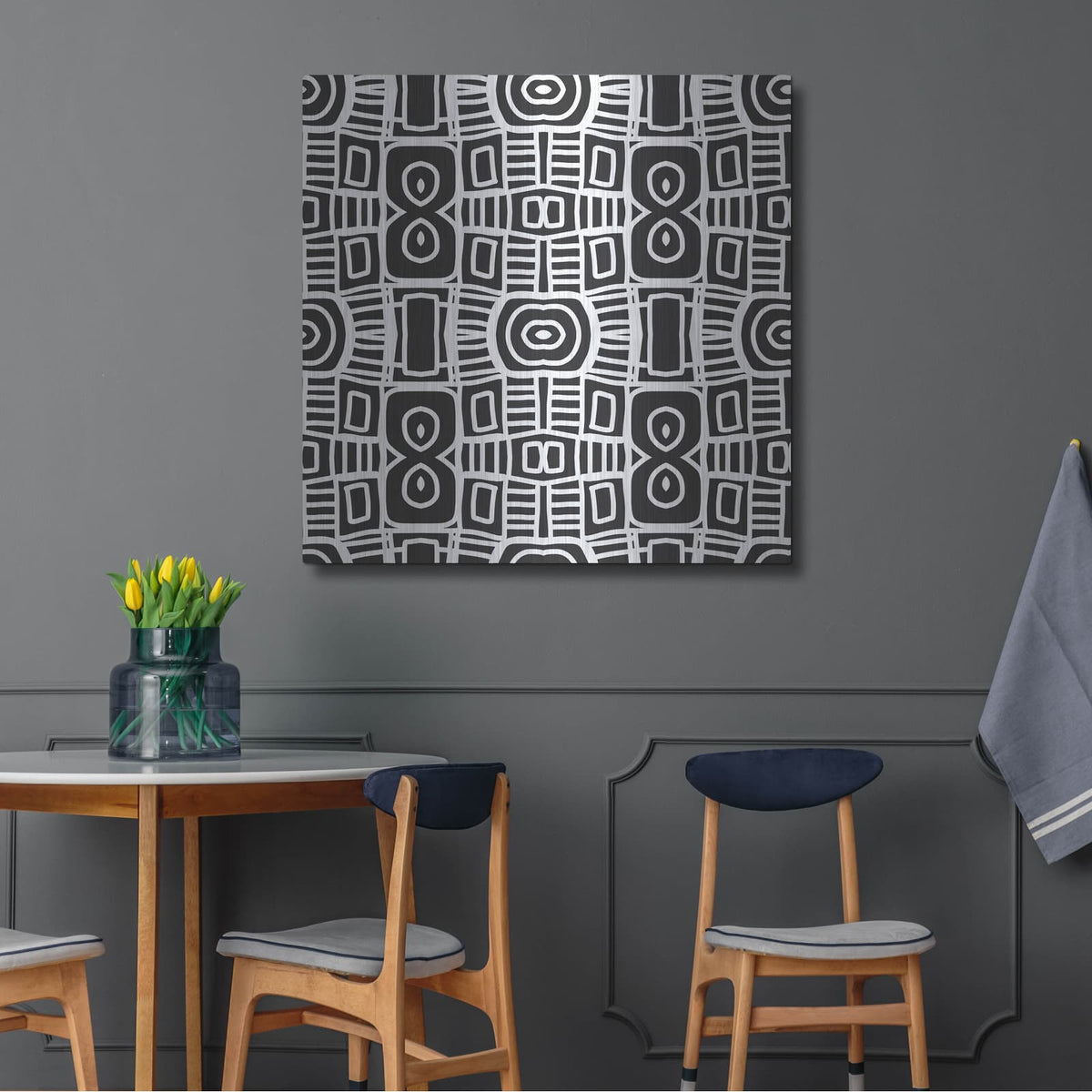 'Black And White Boho Floral II' by Linda Woods – Metal Wall Art, 36x36 room view