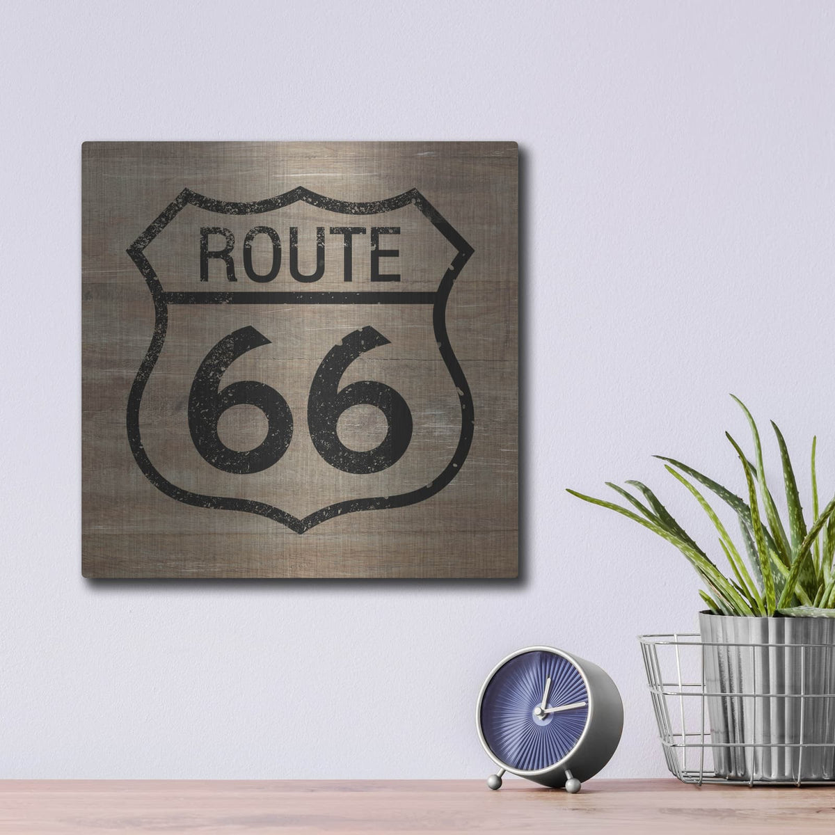 'Route 66 Black On Wood' by Linda Woods – Metal Wall Art, 12x12 room view