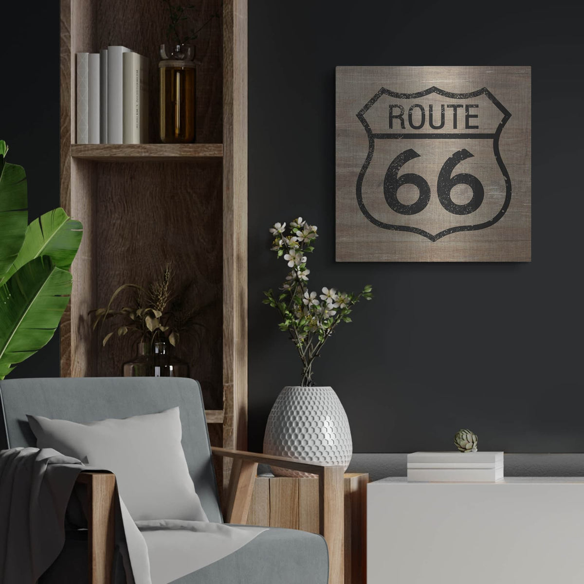 'Route 66 Black On Wood' by Linda Woods – Metal Wall Art, 24x24 room view