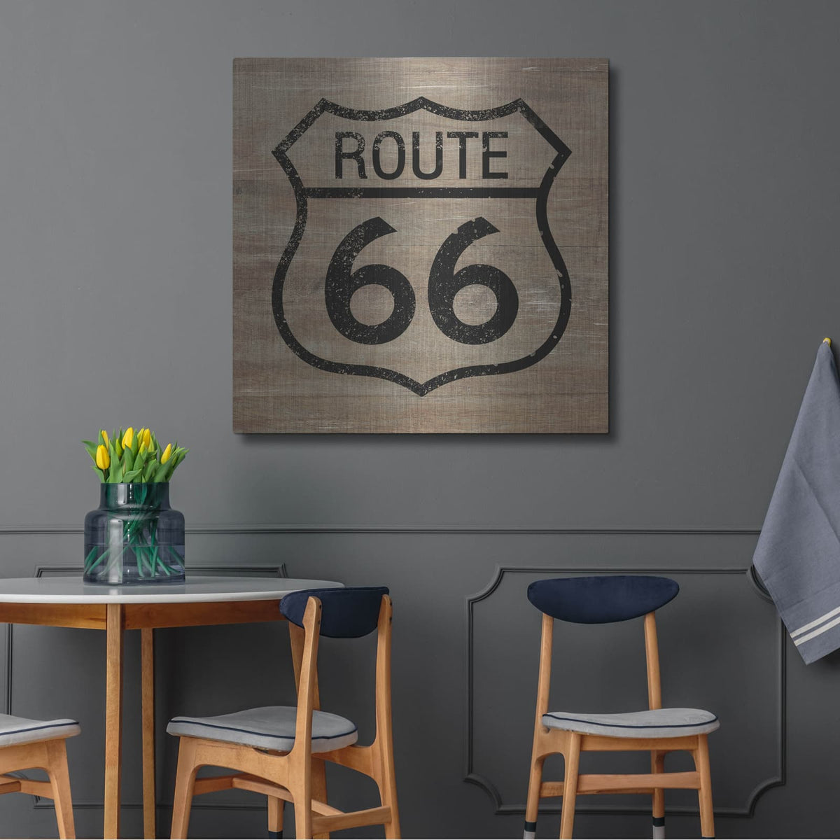 'Route 66 Black On Wood' by Linda Woods – Metal Wall Art, 36x36 room view