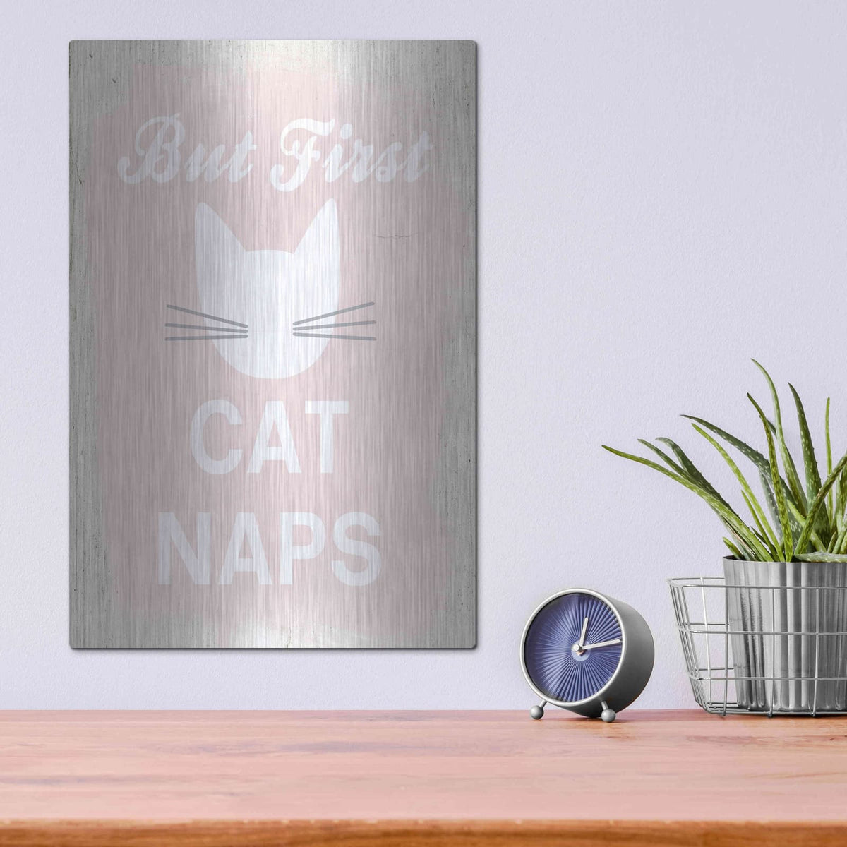'But First Cat Naps' by Linda Woods – Metal Wall Art, 12x16 room view