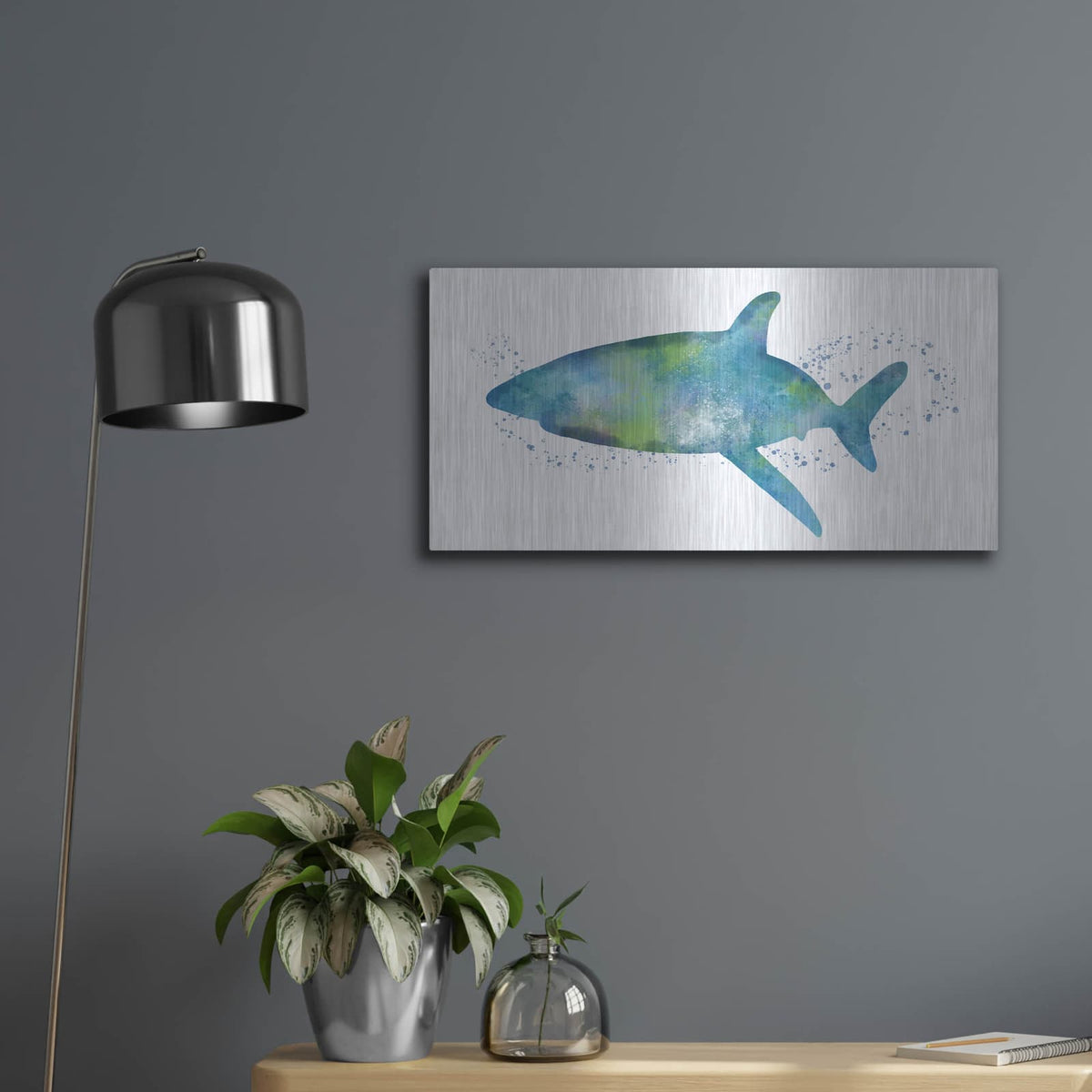 'Watercolor Shark I' by Linda Woods – Metal Wall Art, 24x12 room view