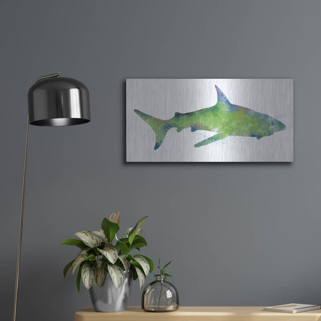 'Watercolor Shark II' by Linda Woods – Metal Wall Art, 24x12 room view