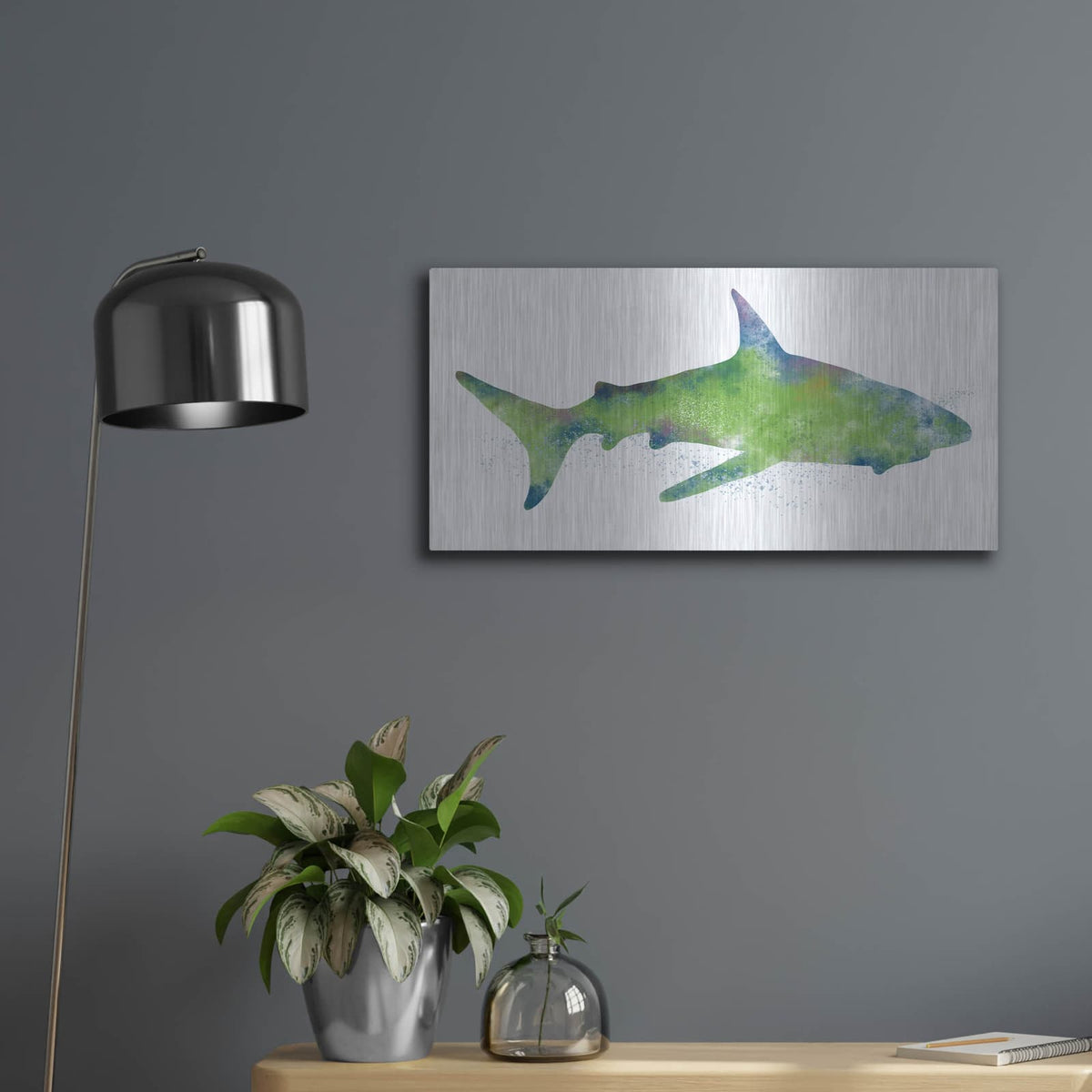 'Watercolor Shark II' by Linda Woods – Metal Wall Art, 24x12 room view