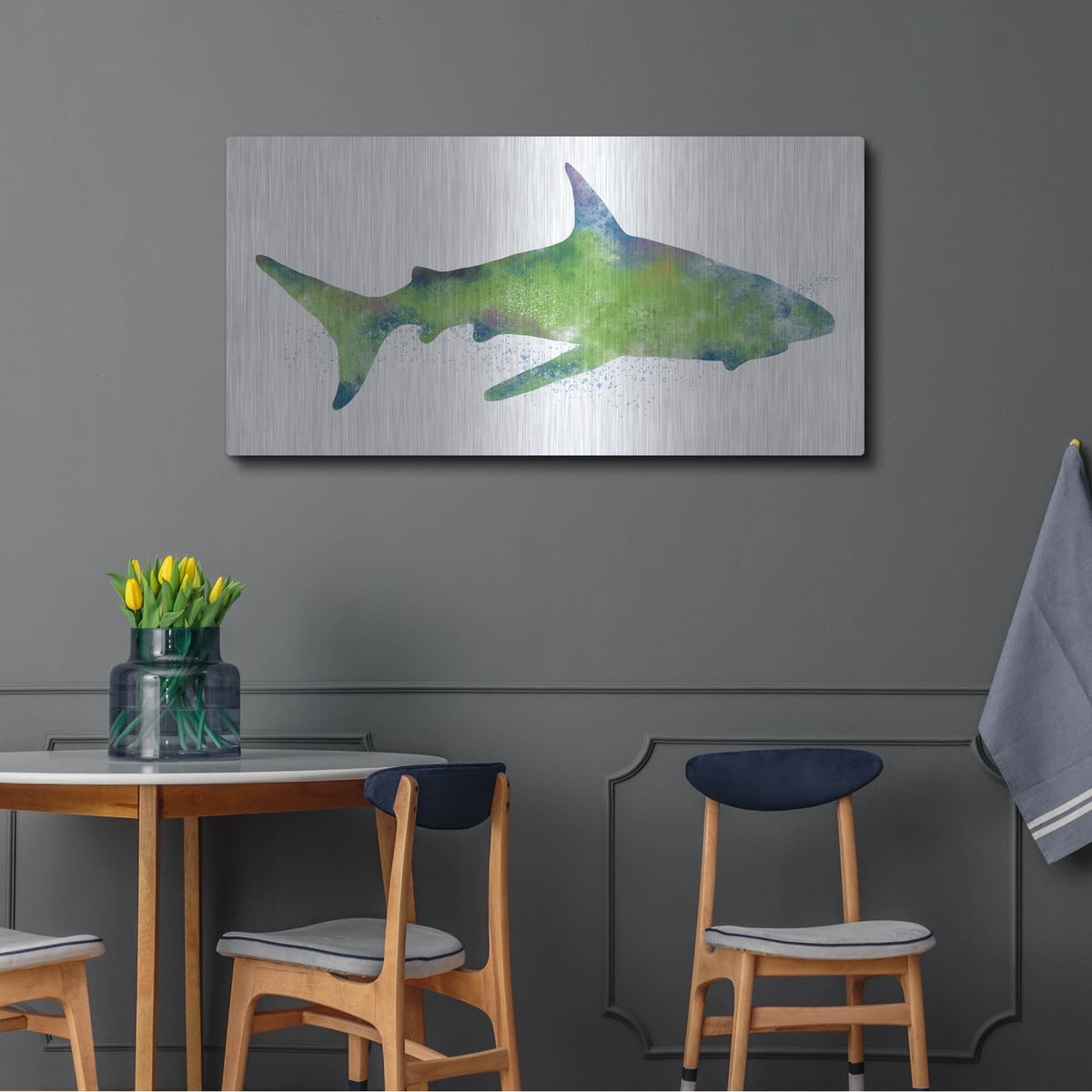 'Watercolor Shark II' by Linda Woods – Metal Wall Art, 48x24 room view
