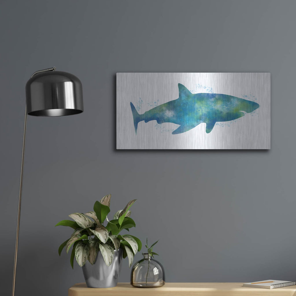 'Watercolor Shark III' by Linda Woods – Metal Wall Art, 24x12 room view