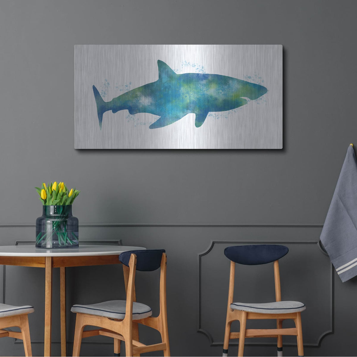 'Watercolor Shark III' by Linda Woods – Metal Wall Art, 48x24 room view