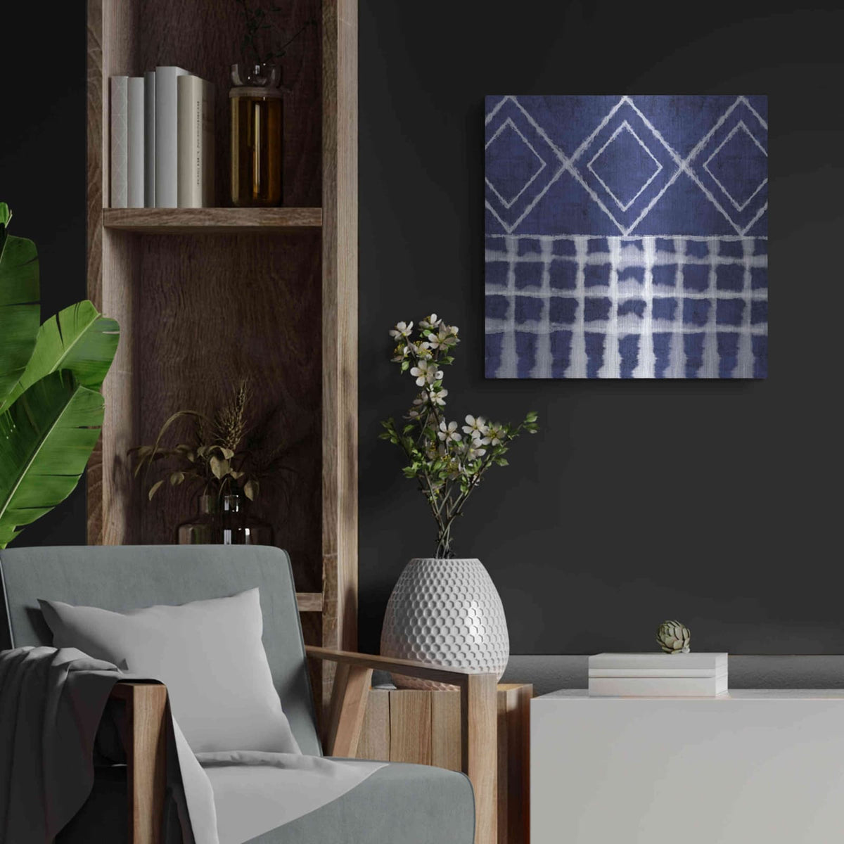 'Blue Shibori D' by Linda Woods – Metal Wall Art, 24x24 room view