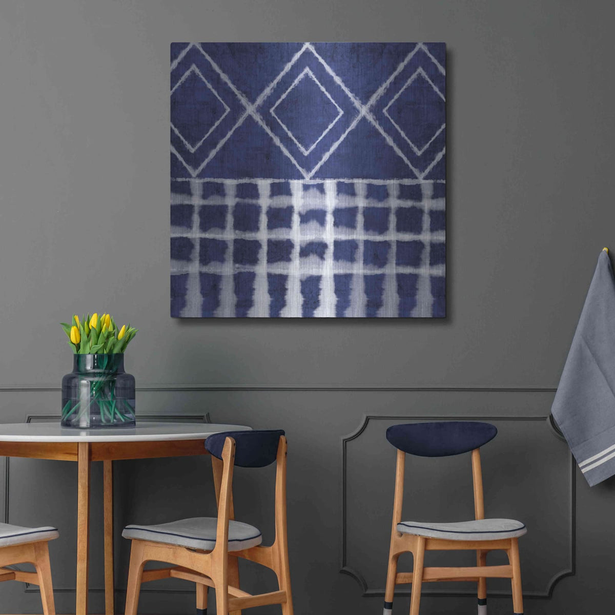 'Blue Shibori D' by Linda Woods – Metal Wall Art, 36x36 room view