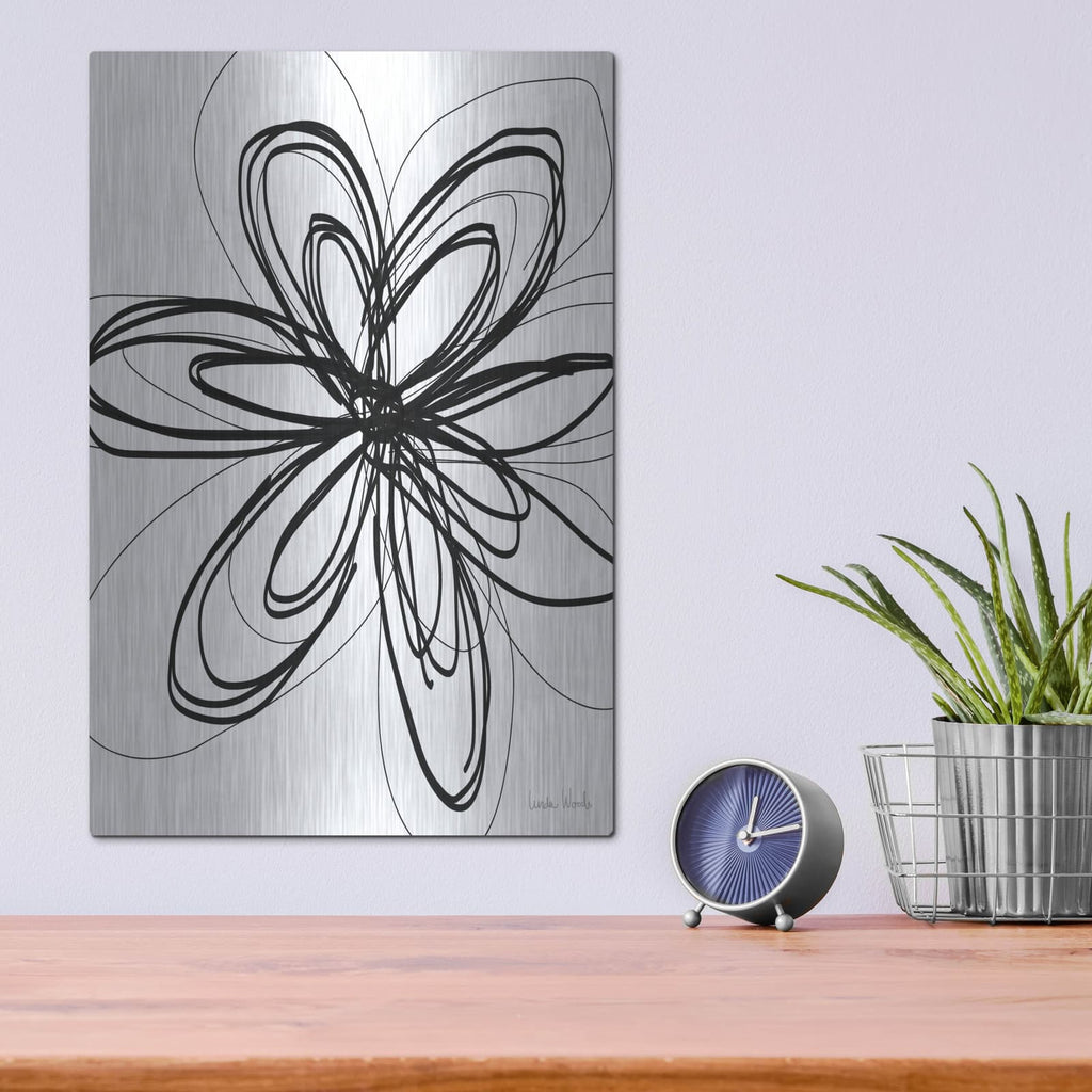 'Black Ink Flower I' by Linda Woods – Metal Wall Art, 12x16 room view