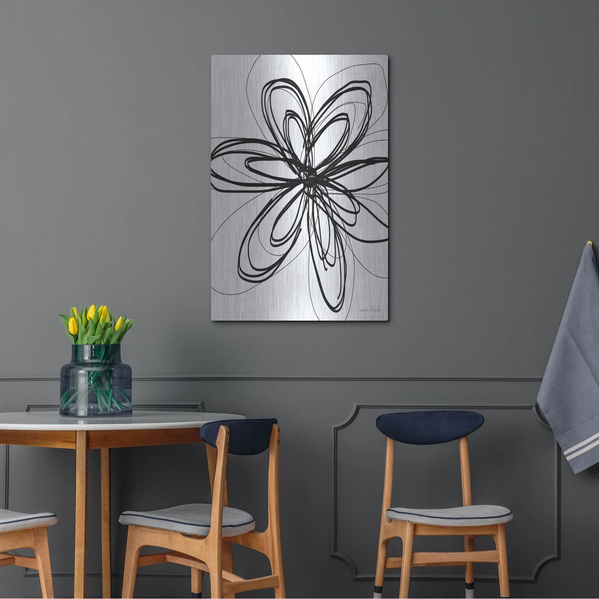 'Black Ink Flower I' by Linda Woods – Metal Wall Art, 24x36 room view