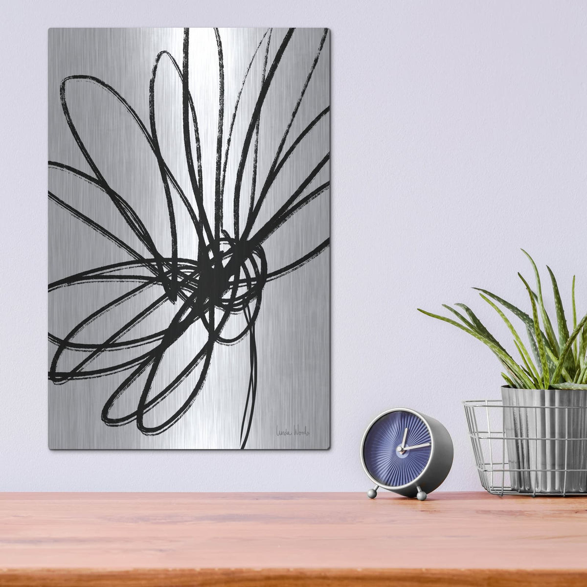 'Black Ink Flower Ii' by Linda Woods – Metal Wall Art, 12x16 room view