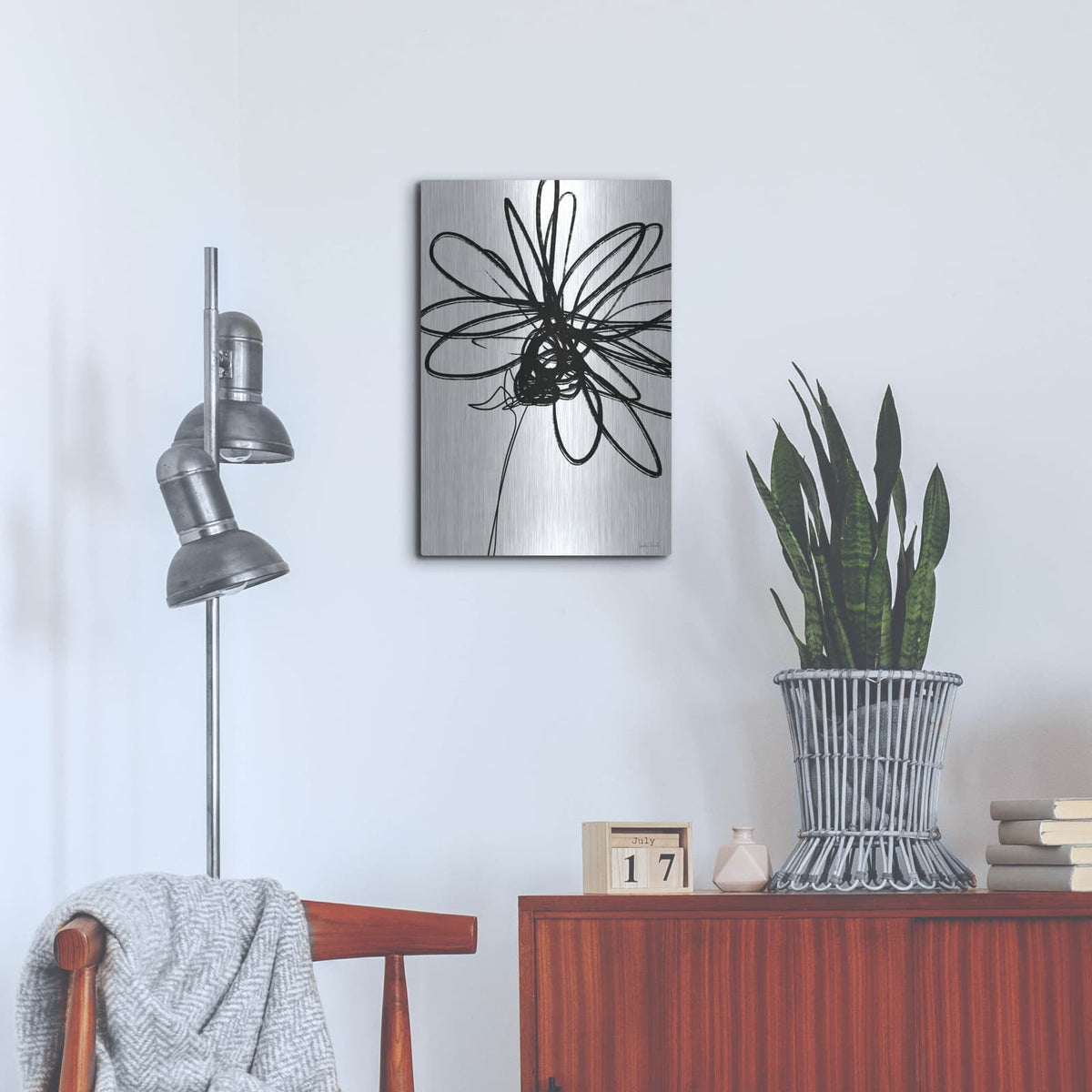 'Black Ink Flower III' by Linda Woods – Metal Wall Art, 16x24 room view