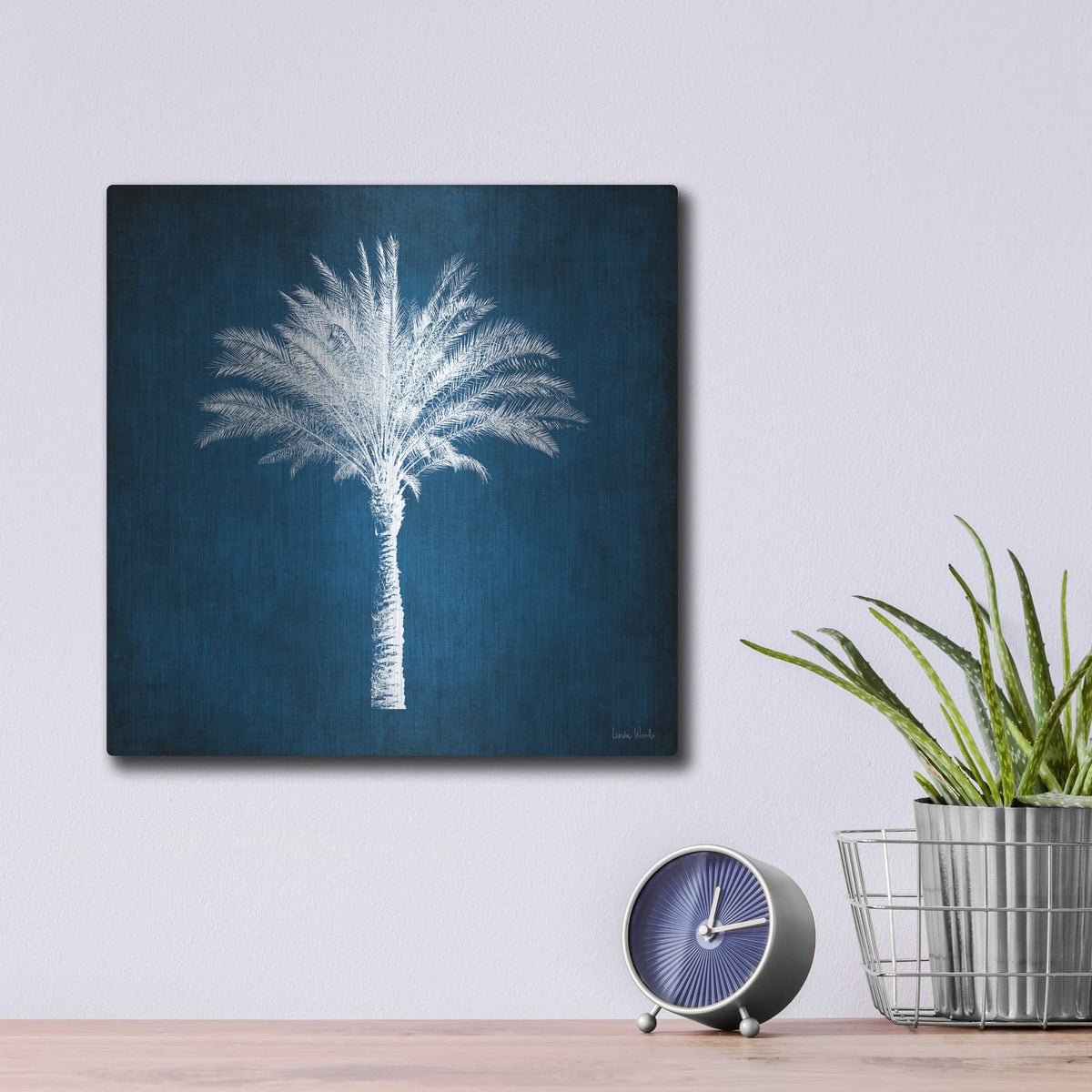 'Single Indigo And White Palm Tree' by Linda Woods – Metal Wall Art, 12x12 room view