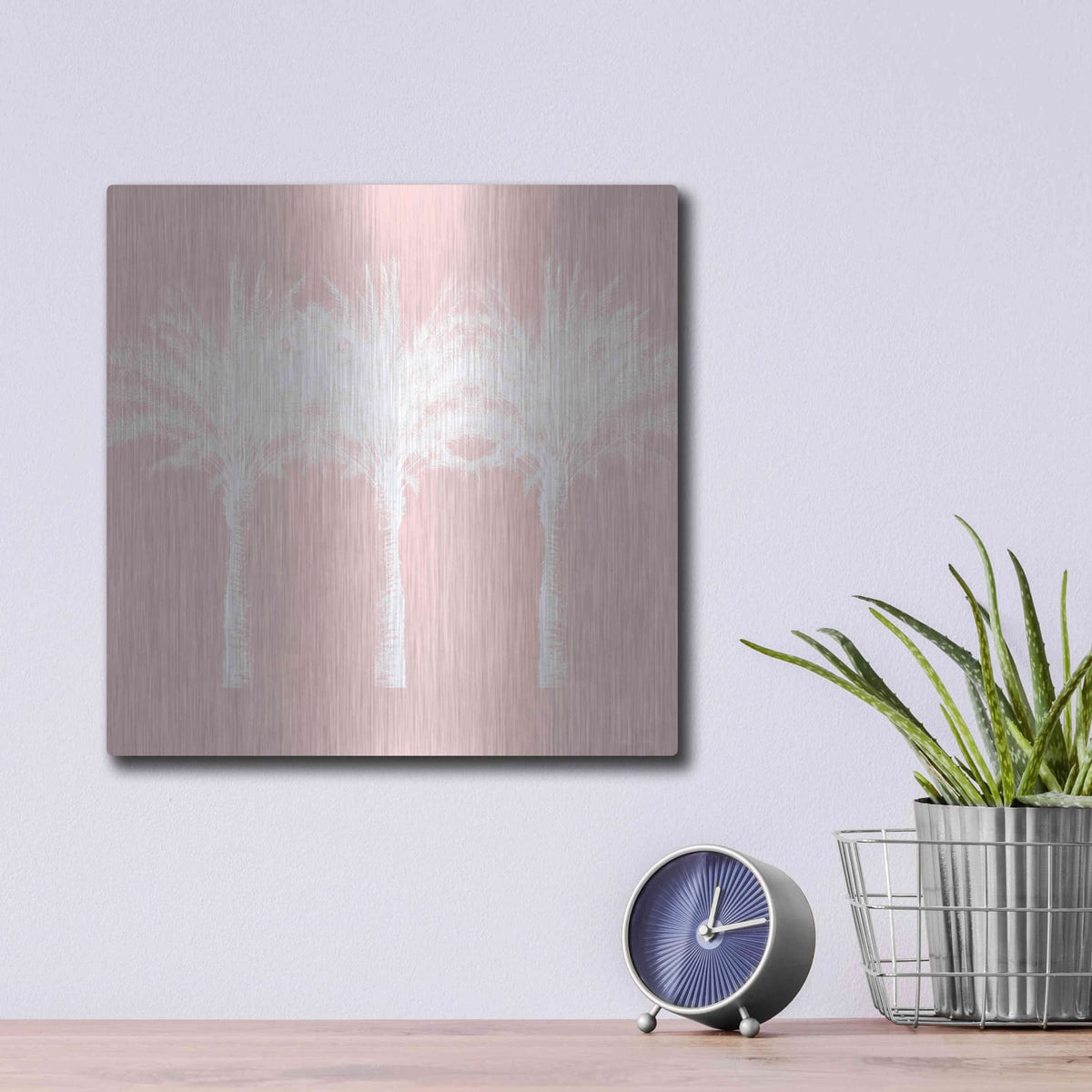 'White And Pink Palm Trees' by Linda Woods – Metal Wall Art, 12x12 room view