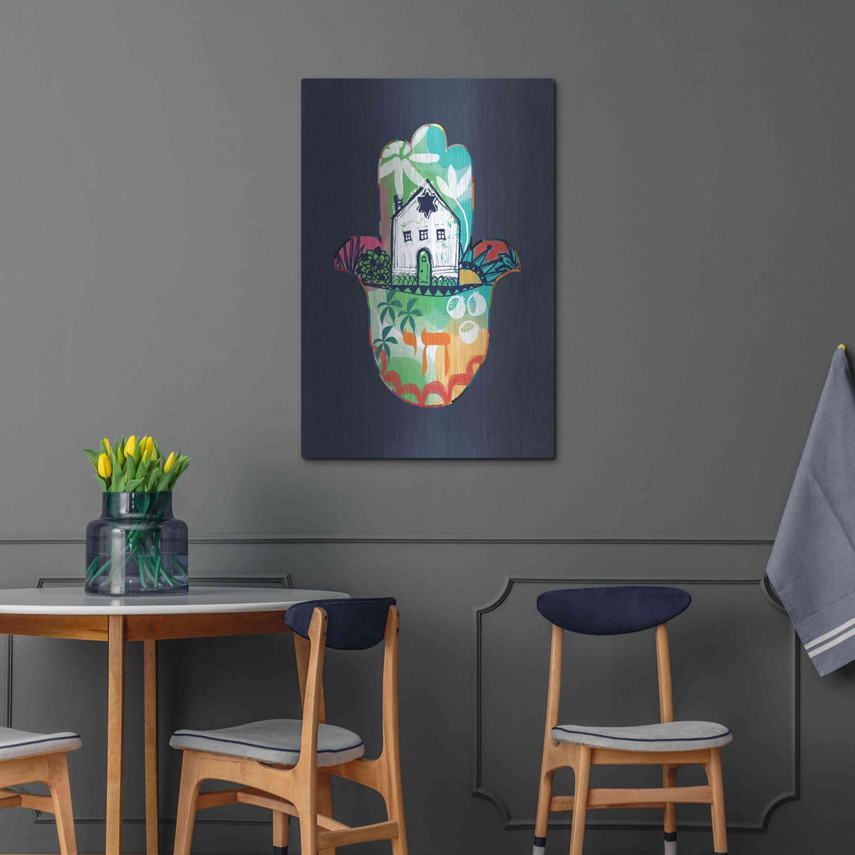 'Colorful Home Hamsa' by Linda Woods – Metal Wall Art, 24x36 room view