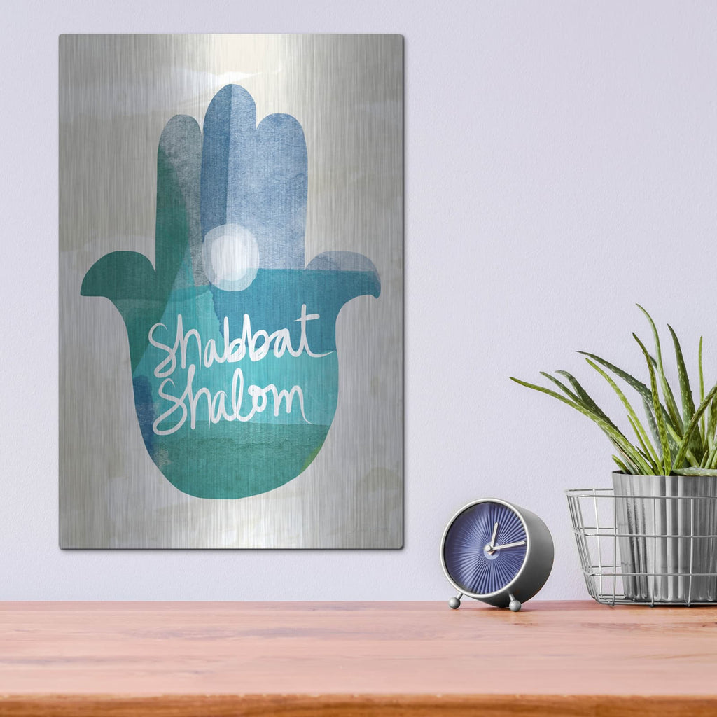 'Shabbat Shalom Hamsa' by Linda Woods – Metal Wall Art, 12x16 room view