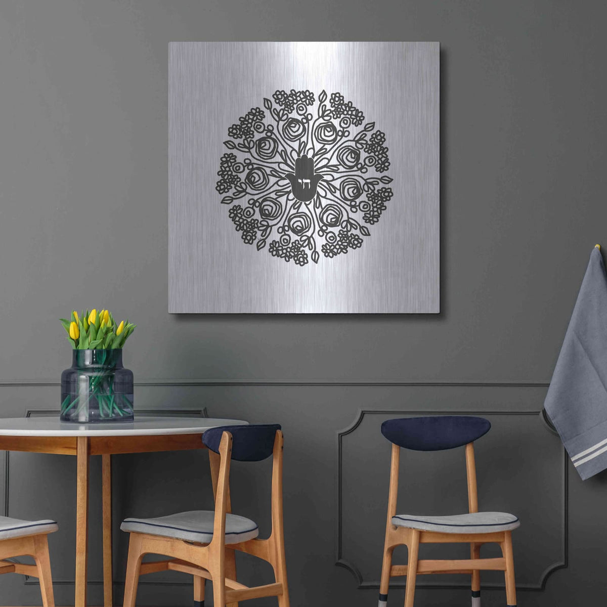 'Bw Hamsa Mandala' by Linda Woods – Metal Wall Art, 36x36 room view