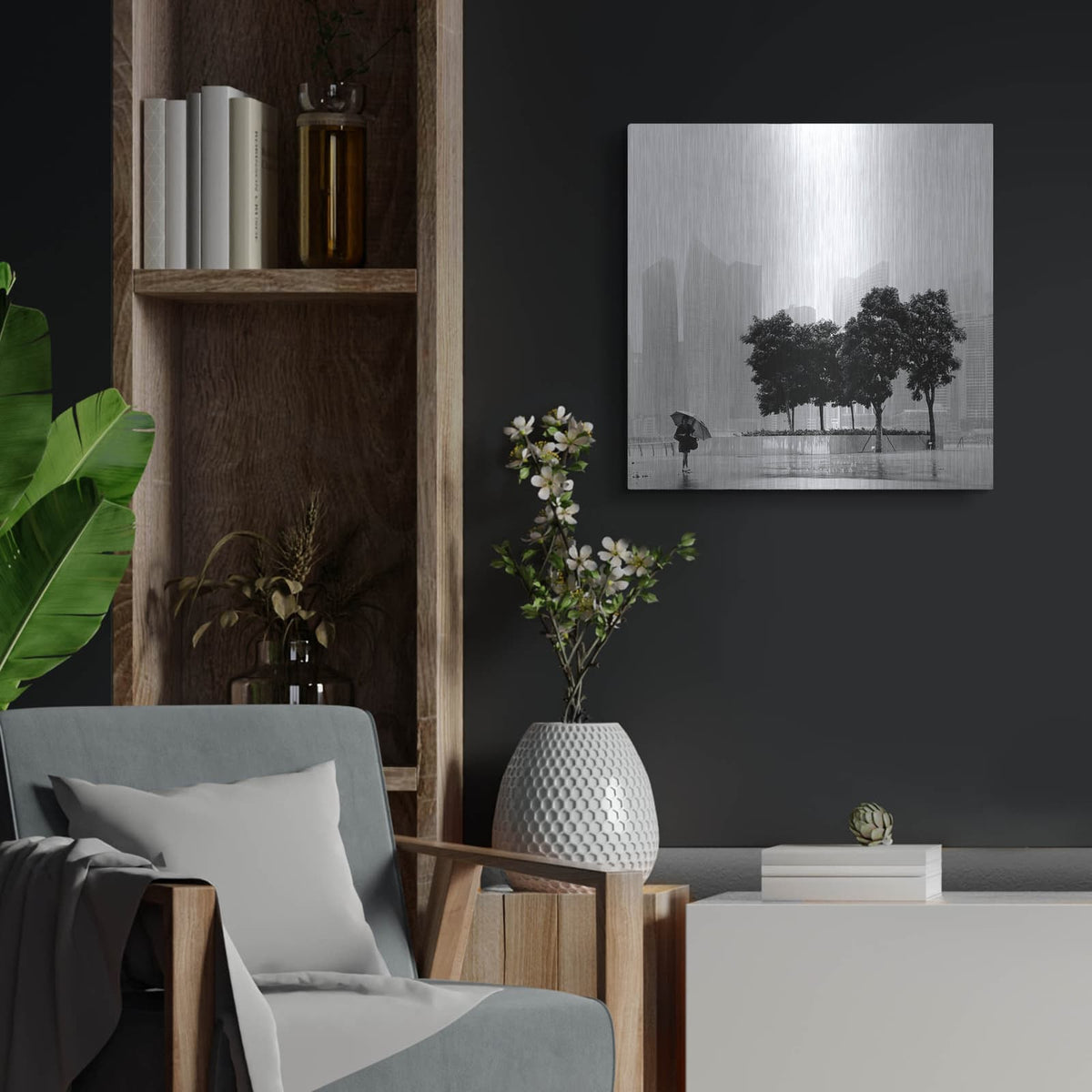 'Singapore Umbrella' by Nina Papiorek – Metal Wall Art, 24x24 room view