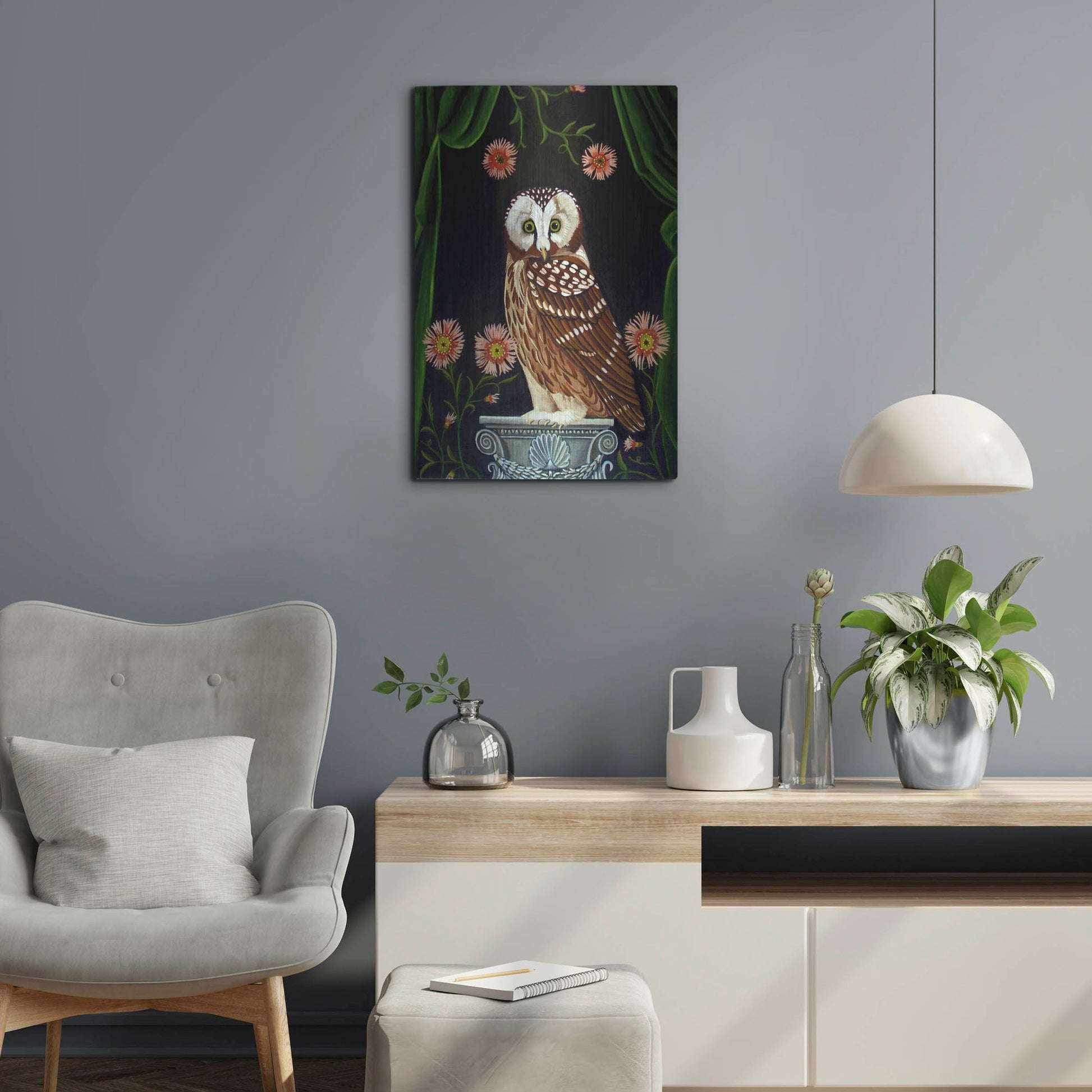 Luxe Metal Art 'Owl Guardian Print' by Catherine A Nolin, Metal Wall Art,16x24