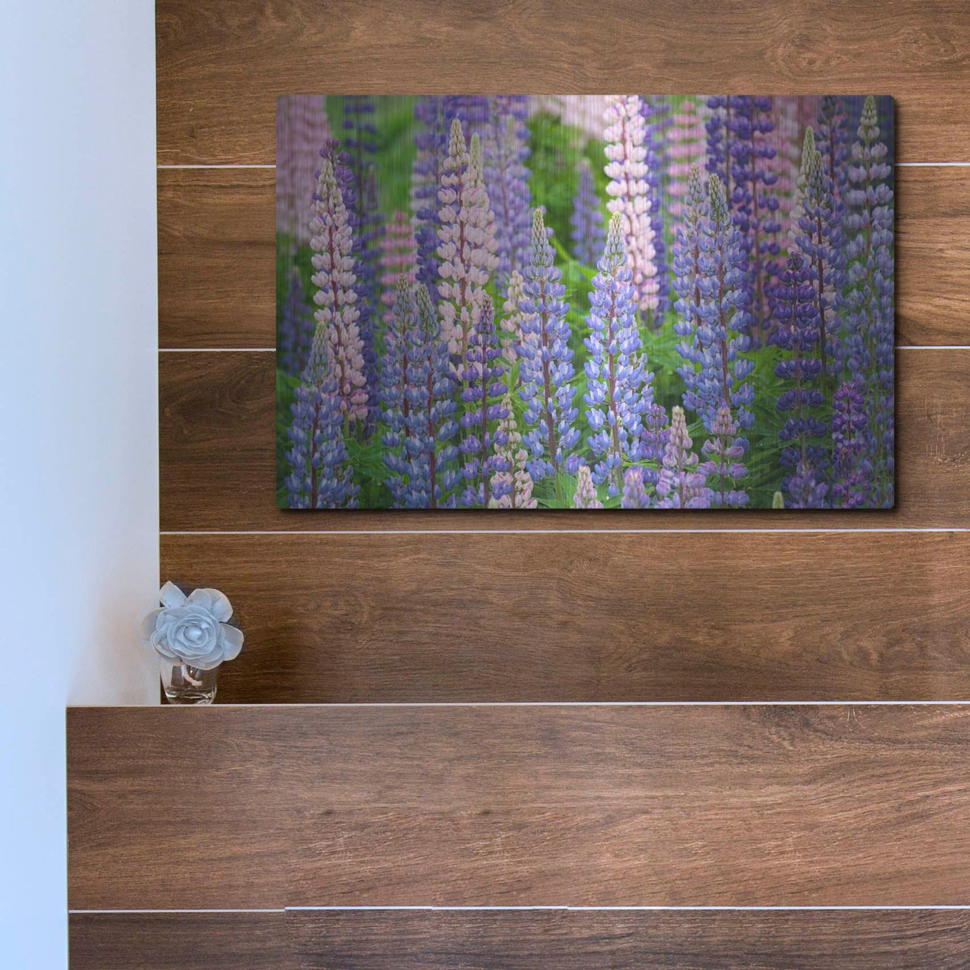 Luxe Metal Art 'Blue Pink Lupine Field' by Cora Niele, Metal Wall Art,16x12