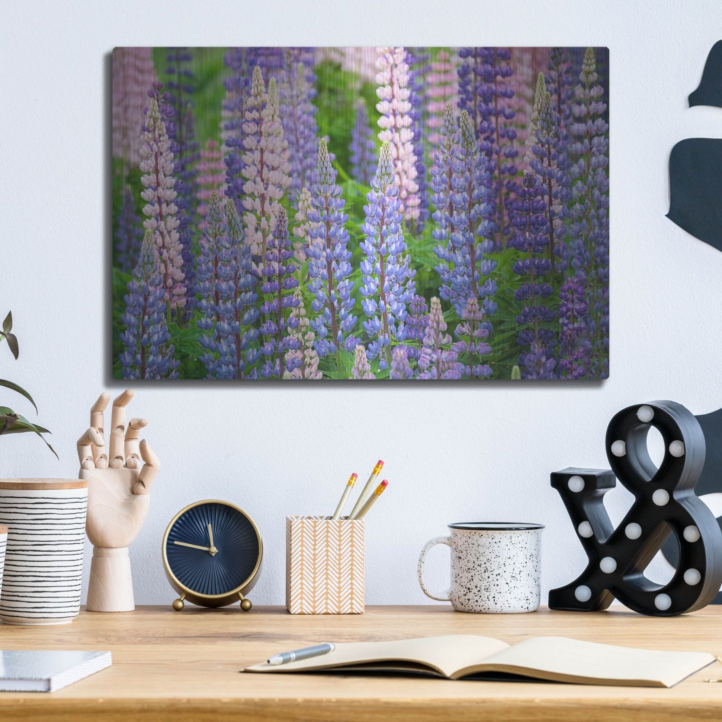 Luxe Metal Art 'Blue Pink Lupine Field' by Cora Niele, Metal Wall Art,16x12