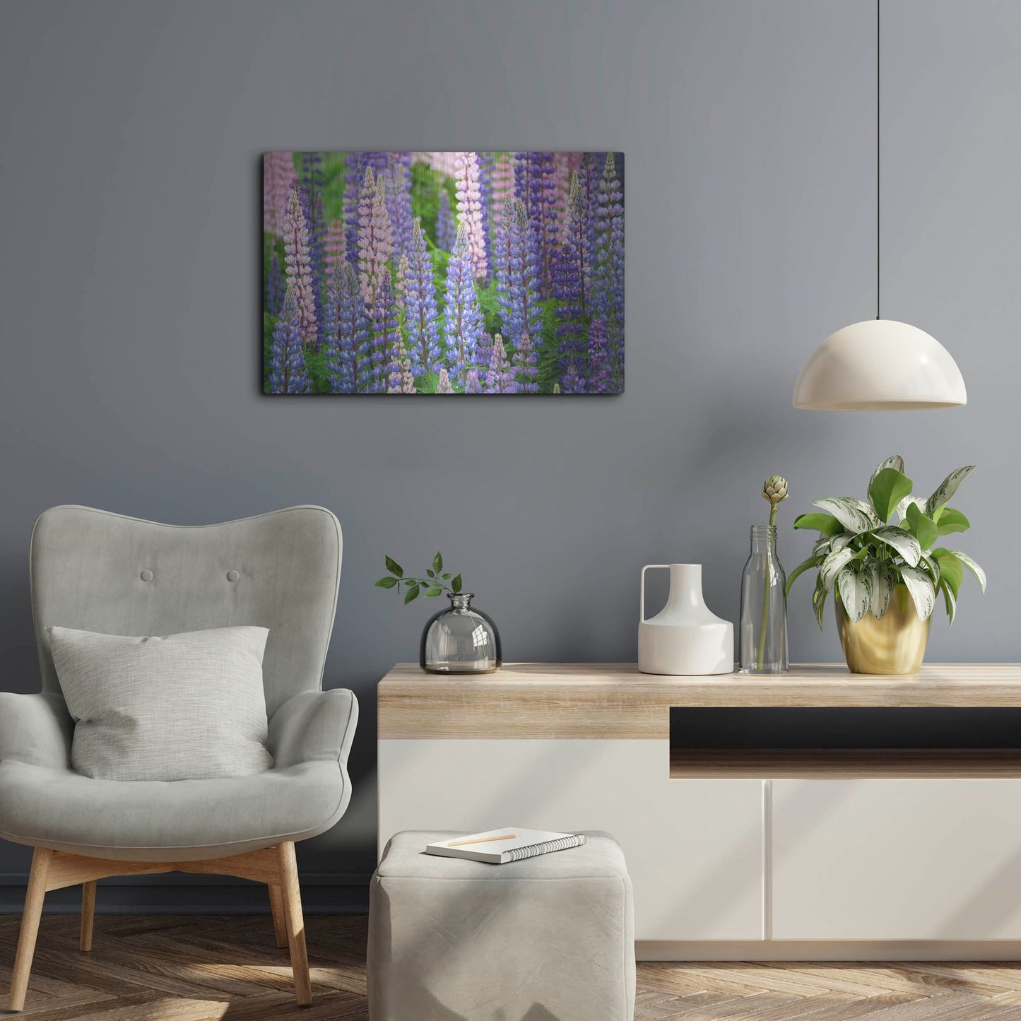 Luxe Metal Art 'Blue Pink Lupine Field' by Cora Niele, Metal Wall Art,24x16