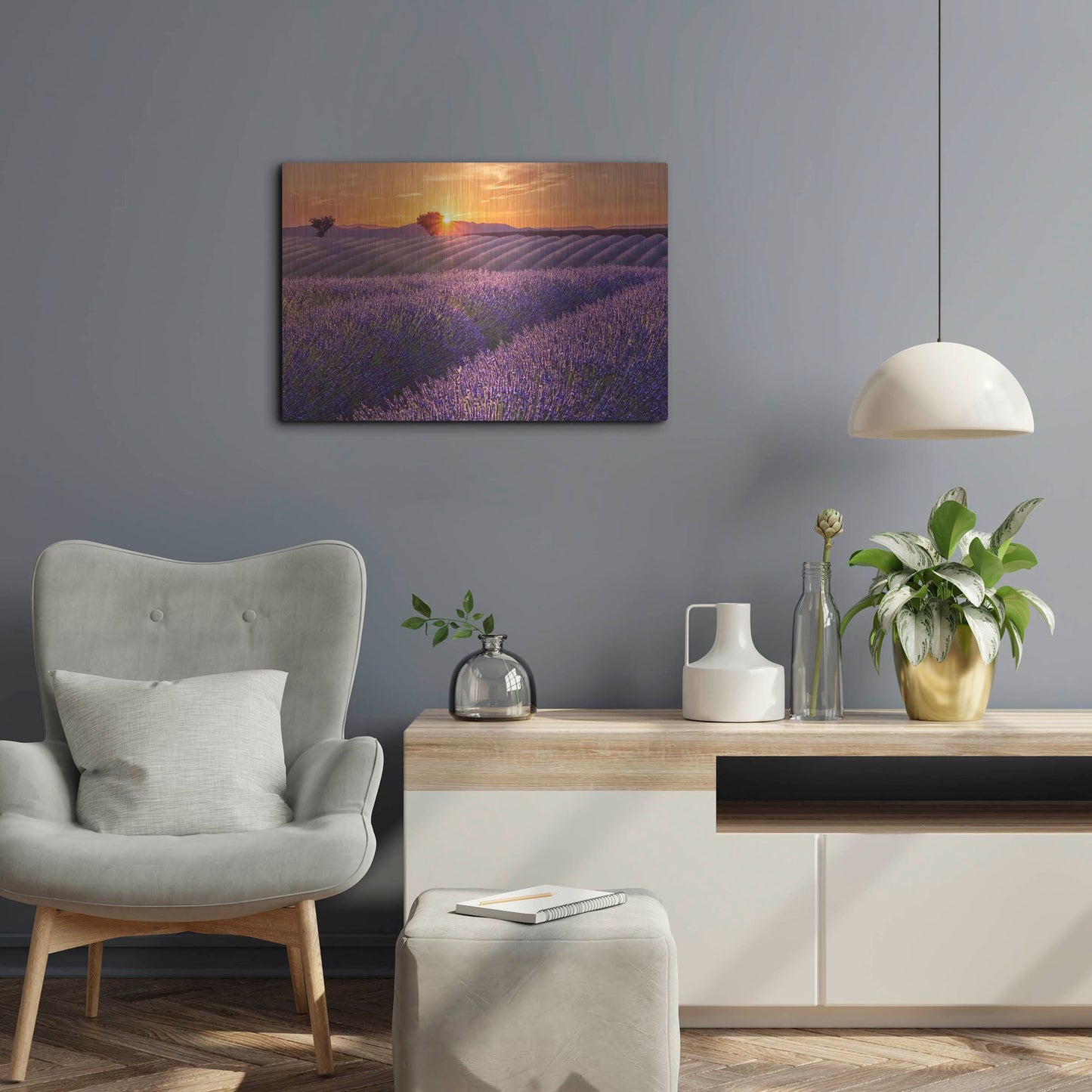 Luxe Metal Art 'Lavender Field at Sunset' by Cora Niele, Metal Wall Art,24x16