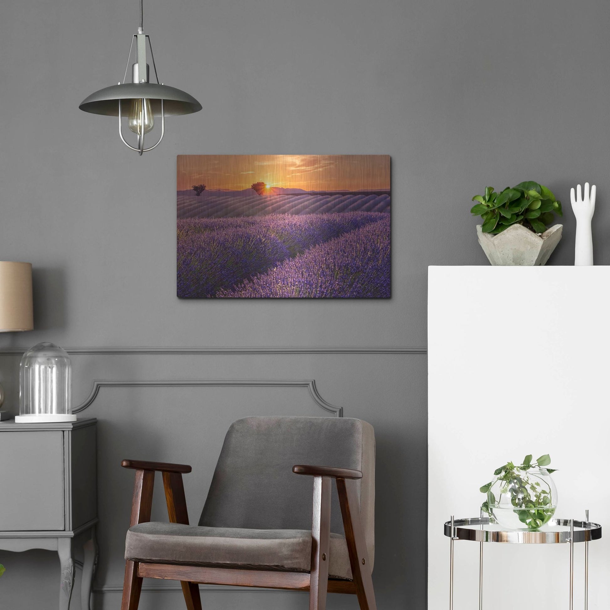 Luxe Metal Art 'Lavender Field at Sunset' by Cora Niele, Metal Wall Art,24x16