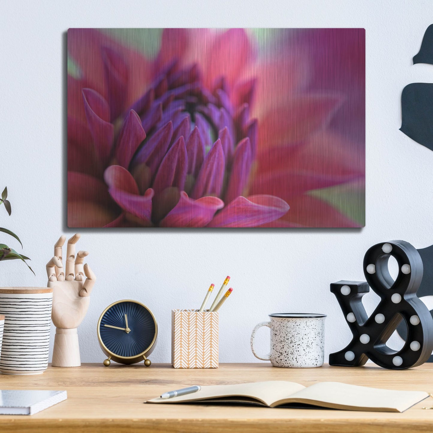 Luxe Metal Art 'Dahlia Centre Pink Purple' by Cora Niele, Metal Wall Art,16x12