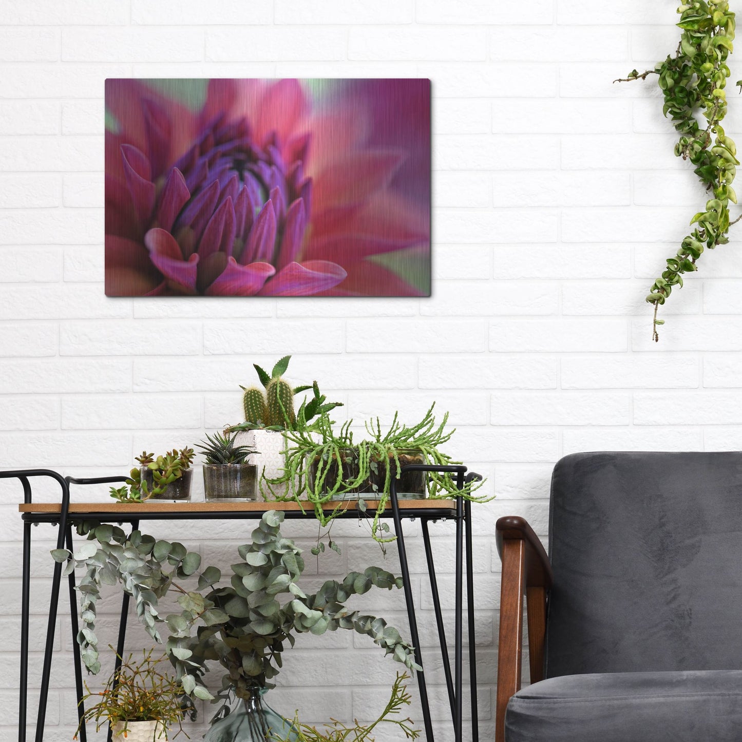 Luxe Metal Art 'Dahlia Centre Pink Purple' by Cora Niele, Metal Wall Art,16x12