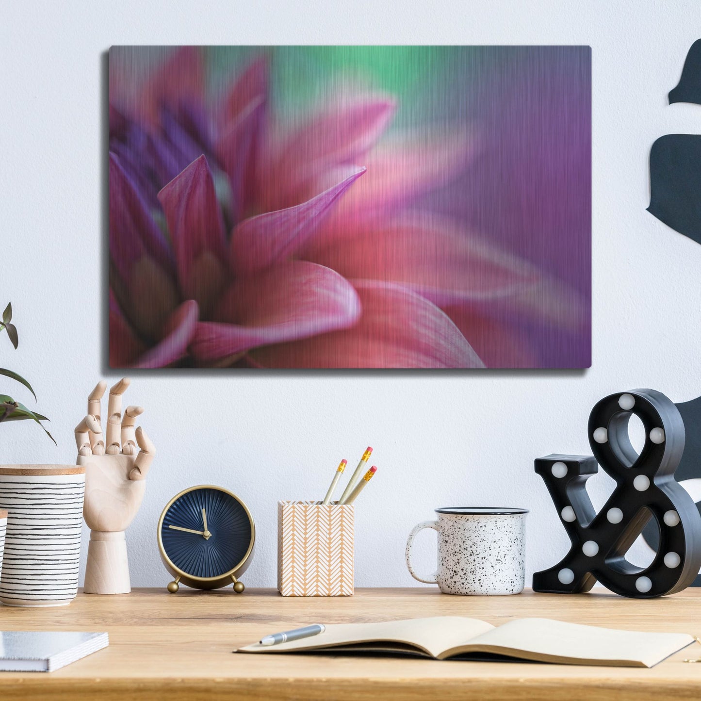 Luxe Metal Art 'Dahlia Petals Pink Purple' by Cora Niele, Metal Wall Art,16x12