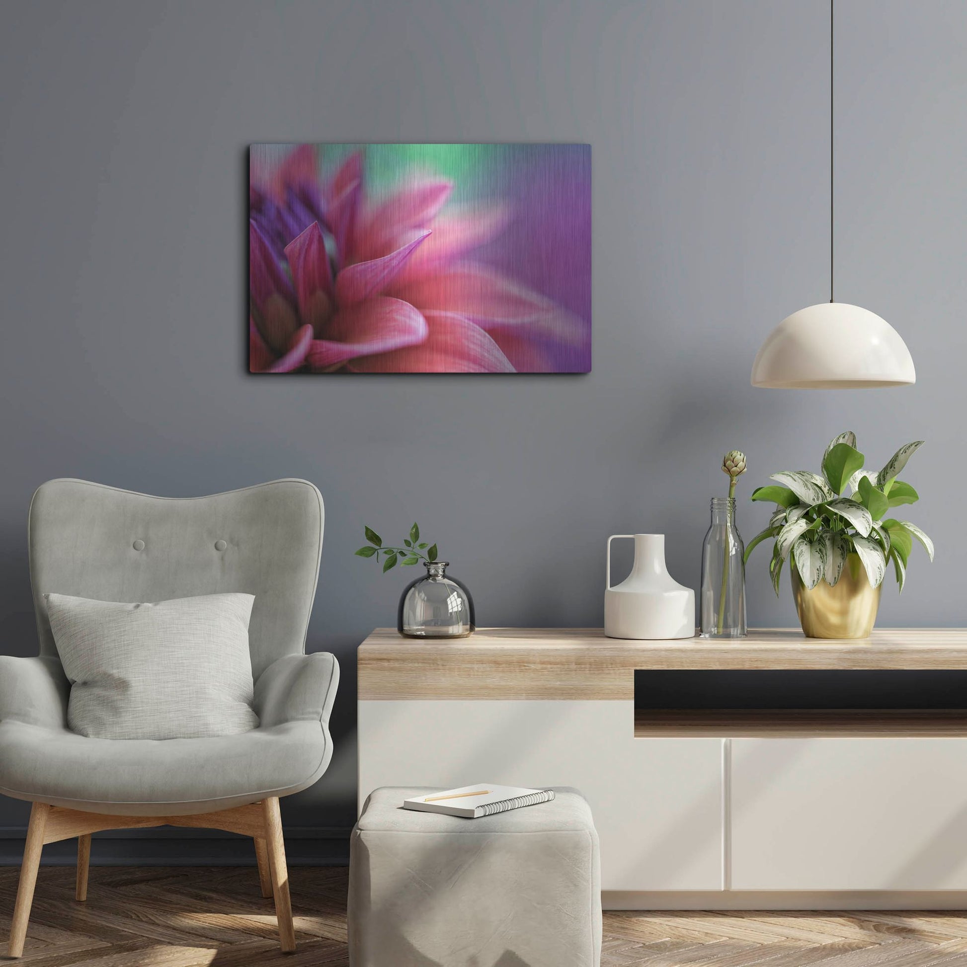 Luxe Metal Art 'Dahlia Petals Pink Purple' by Cora Niele, Metal Wall Art,24x16
