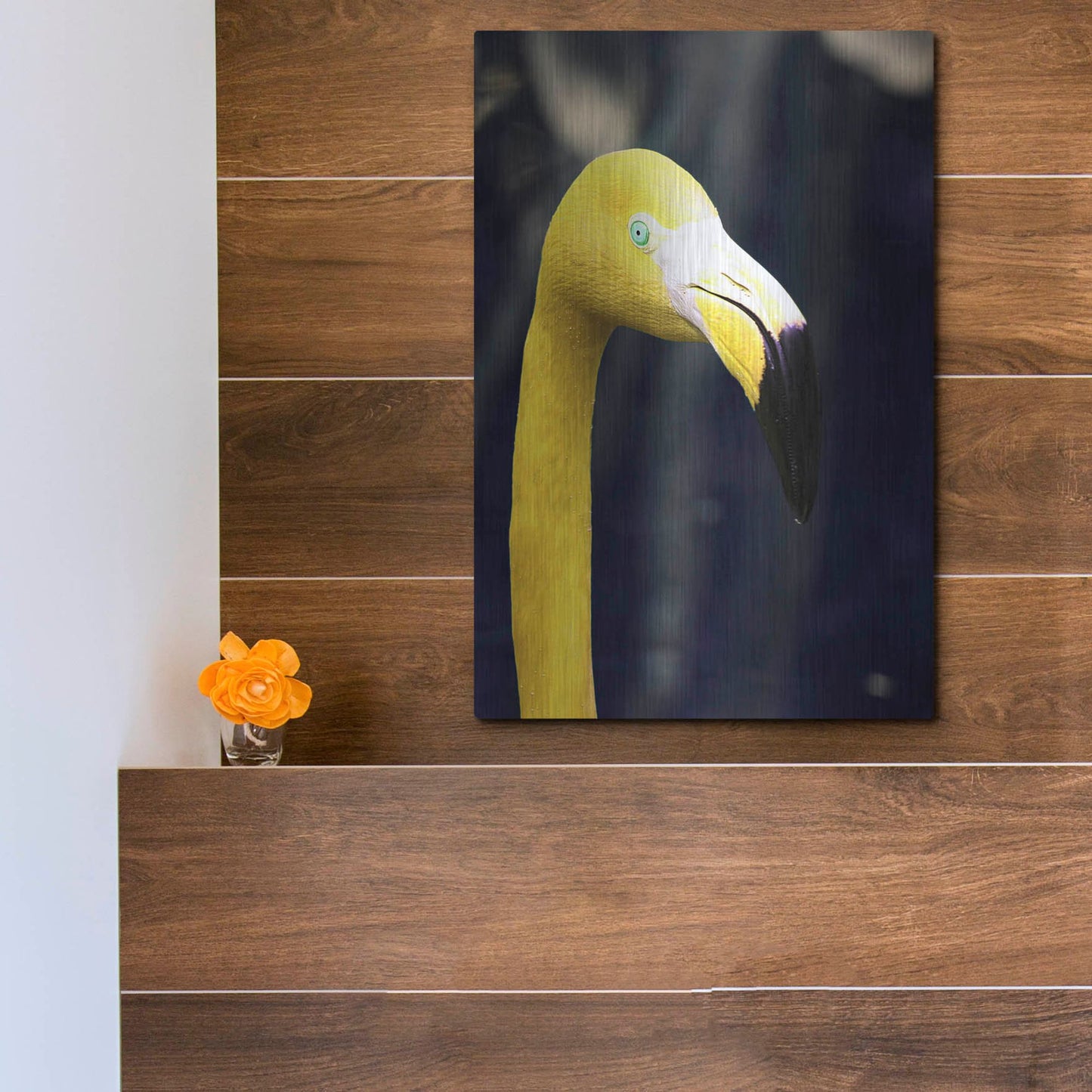 Luxe Metal Art 'Yellow Flamingo' by Dana Brett Munach, Metal Wall Art,12x16