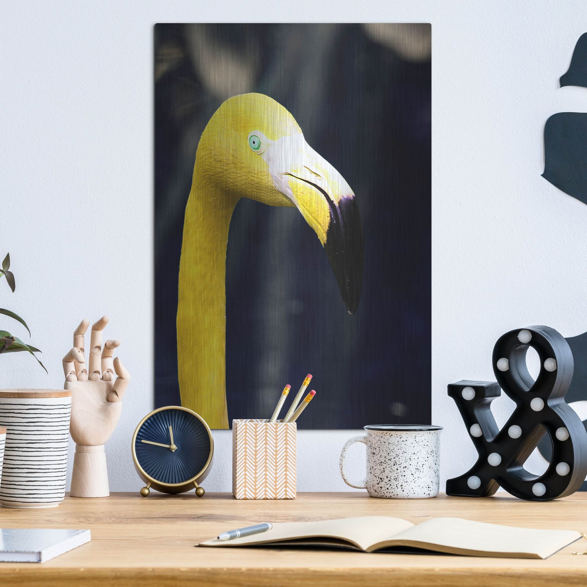 Luxe Metal Art 'Yellow Flamingo' by Dana Brett Munach, Metal Wall Art,12x16