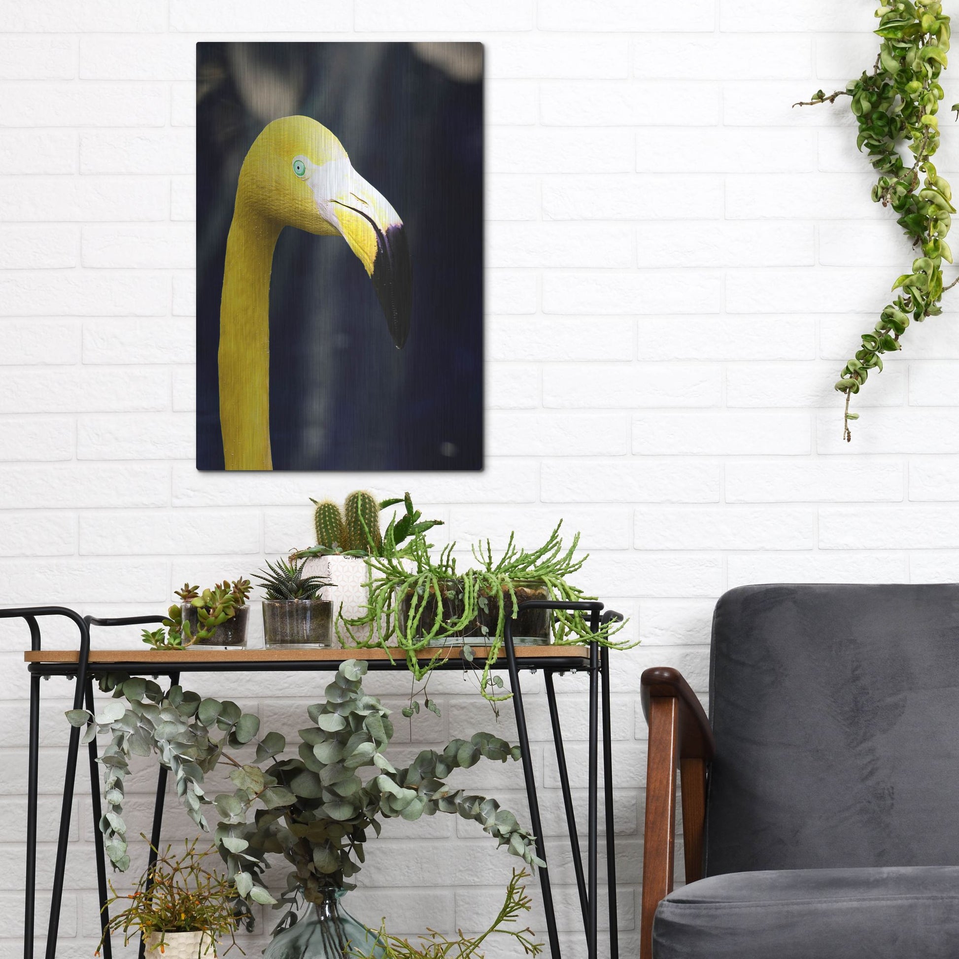 Luxe Metal Art 'Yellow Flamingo' by Dana Brett Munach, Metal Wall Art,12x16