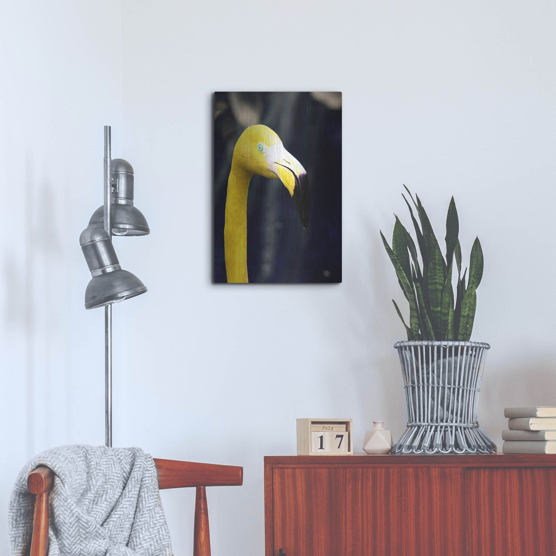 Luxe Metal Art 'Yellow Flamingo' by Dana Brett Munach, Metal Wall Art,16x24