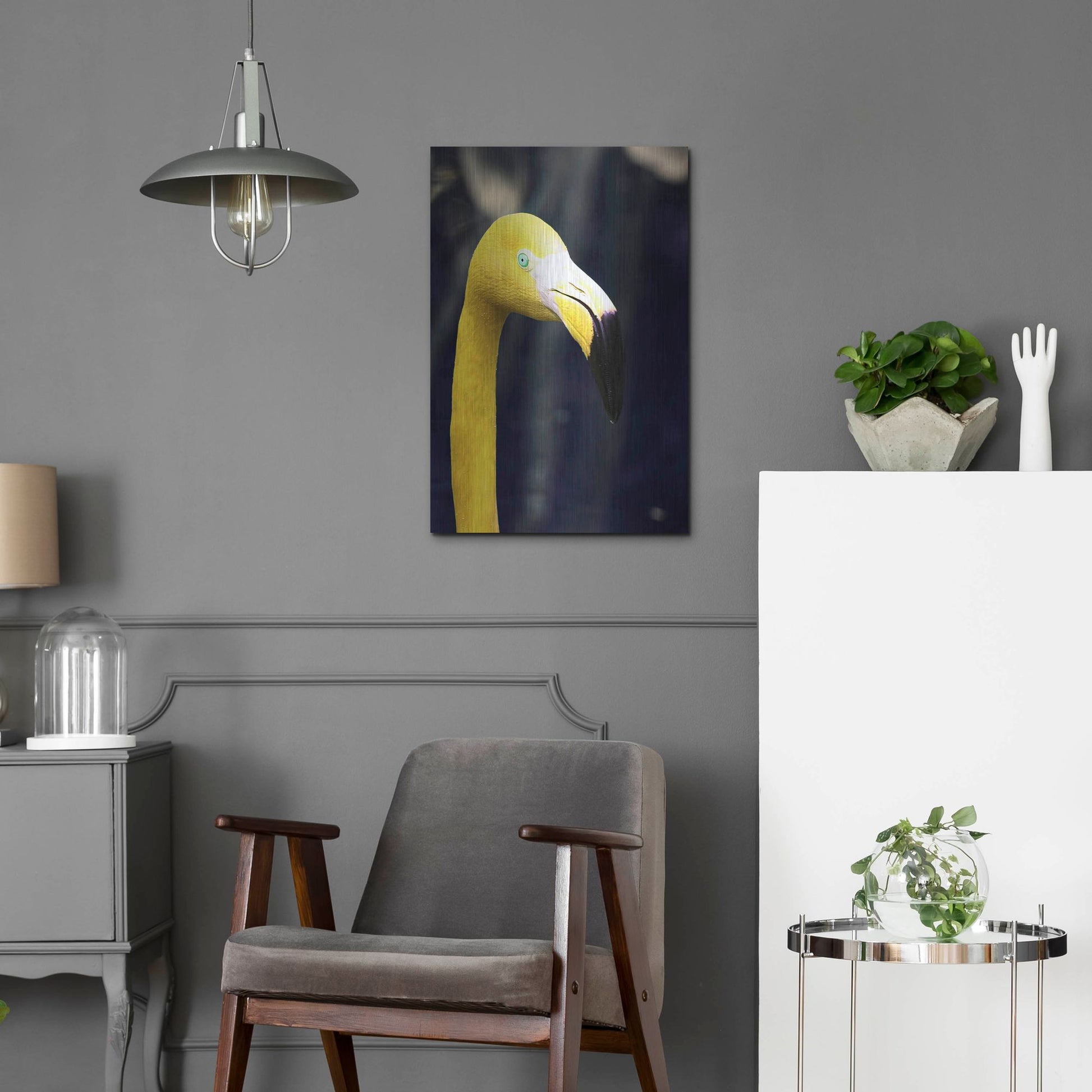 Luxe Metal Art 'Yellow Flamingo' by Dana Brett Munach, Metal Wall Art,16x24